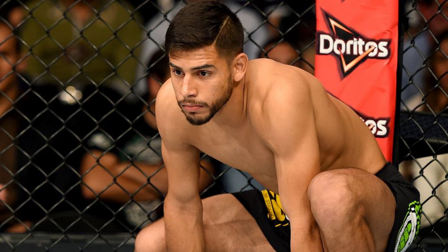 MEXICO CITY, MEXICO - JUNE 13: Yair Rodriguez of Mexico enters the Octagon before facing Charles Rosa of the United States in their featherweight bout during the UFC 188 event at the Arena Ciudad de Mexico on June 13, 2015 in Mexico City, Mexico. (Photo by Josh Hedges/Zuffa LLC/Zuffa LLC via Getty Images)