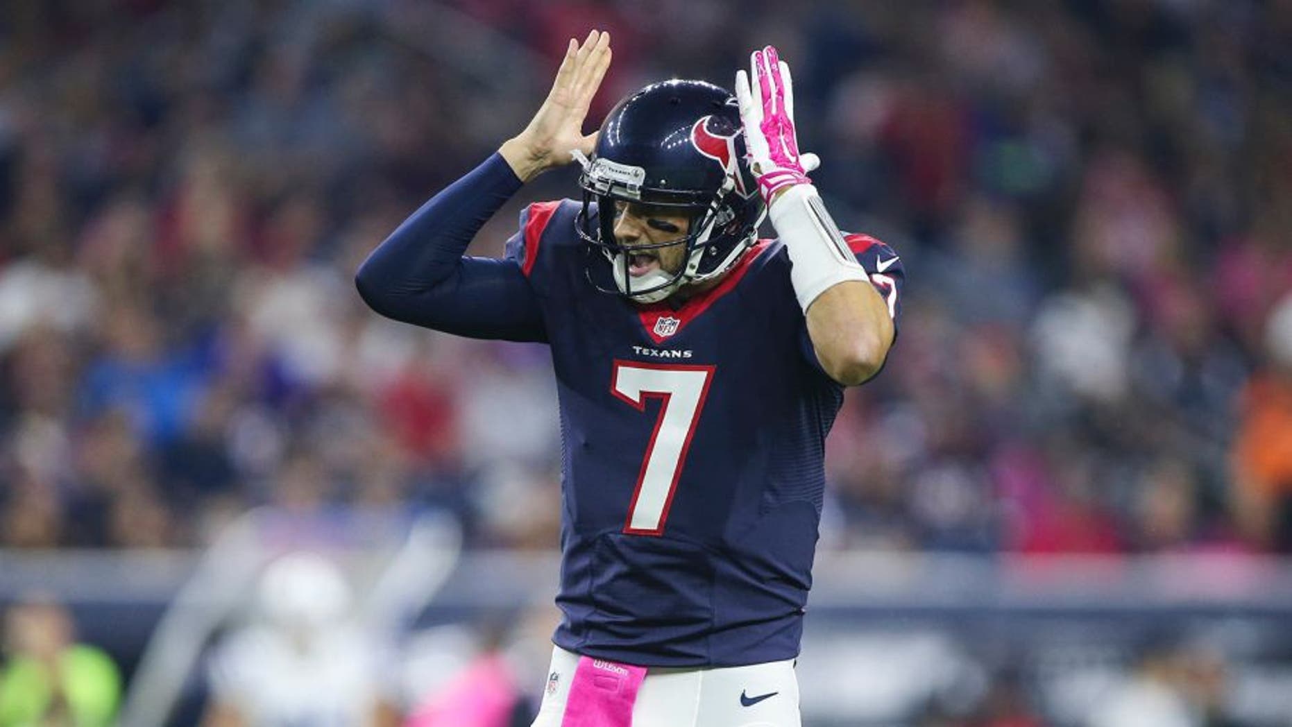 Oct 8, 2015; Houston, TX, USA; Houston Texans quarterback Brian Hoyer (7) reacts before a play during the second quarter against the Indianapolis Colts at NRG Stadium. Mandatory Credit: Troy Taormina-USA TODAY Sports