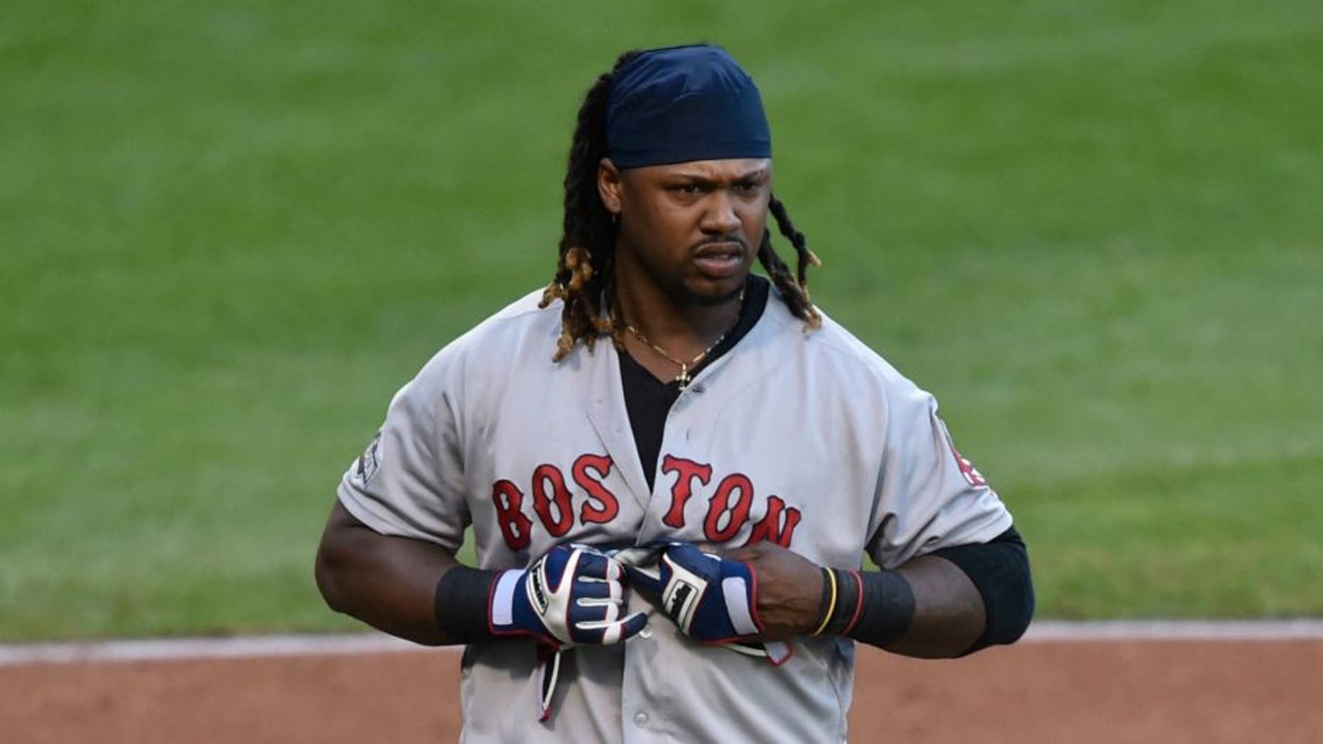 Oct 7, 2016; Cleveland, OH, USA; Boston Red Sox first baseman Hanley Ramirez (13) reacts after striking out to end in the top of the fourth inning against the Cleveland Indians in game two of the 2016 ALDS playoff baseball series at Progressive Field. Mandatory Credit: David Richard-USA TODAY Sports