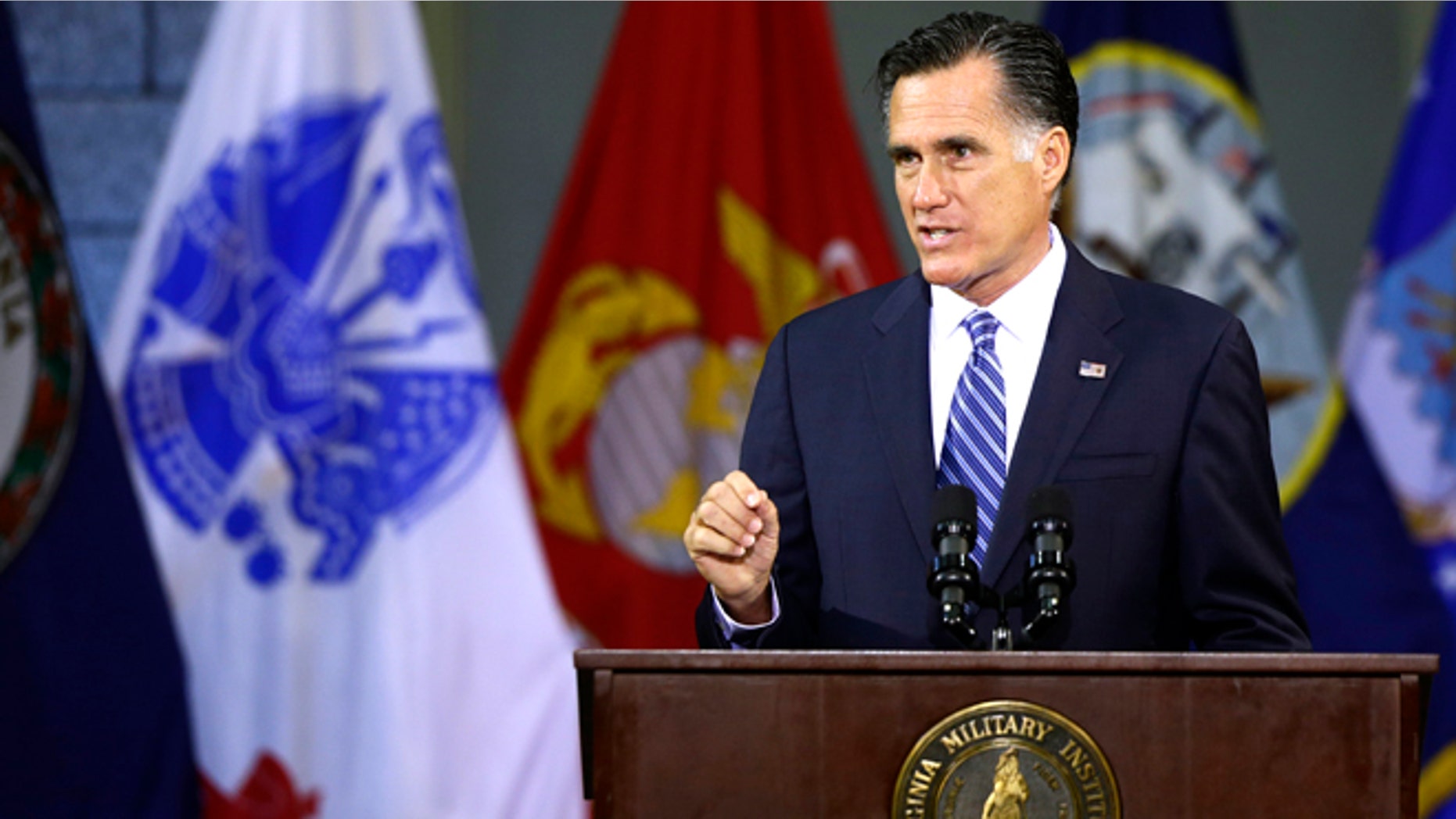 Oct. 8, 2012: Republican presidential candidate Mitt Romney delivers a foreign policy speech at Virginia Military Institute (VMI) in Lexington, Va.