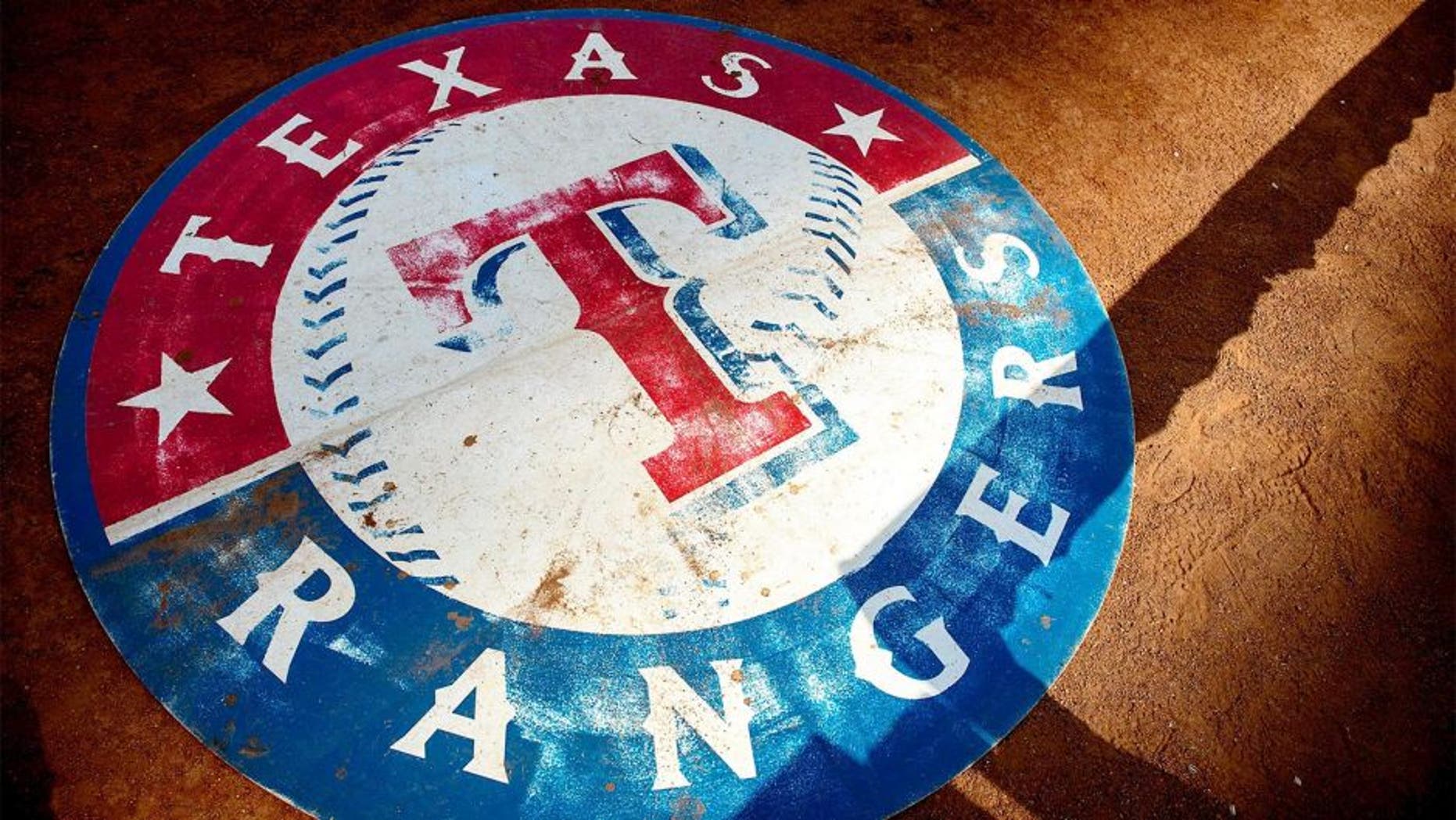 Sep 5, 2014; Arlington, TX, USA; A view of the Texas Rangers logo before the game between the Rangers and the Seattle Mariners at Globe Life Park in Arlington. Mandatory Credit: Jerome Miron-USA TODAY Sports