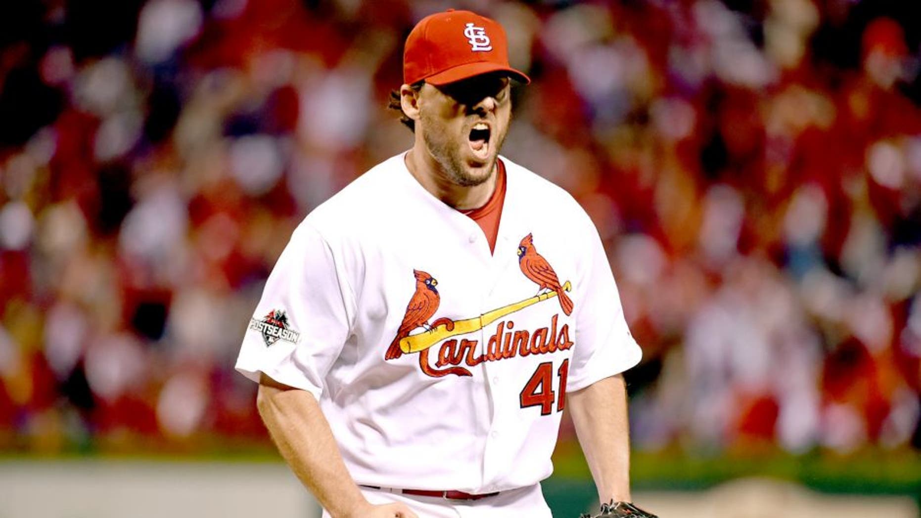 ST. LOUIS, MO - OCTOBER 9: John Lackey #41 of the St. Louis Cardinals reacts during Game 1 of the NLDS against the Chicago Cubs at Busch Stadium on Friday, October 9, 2015 in St. Louis, Missouri. (Photo by LG Patterson/MLB Photos via Getty Images)