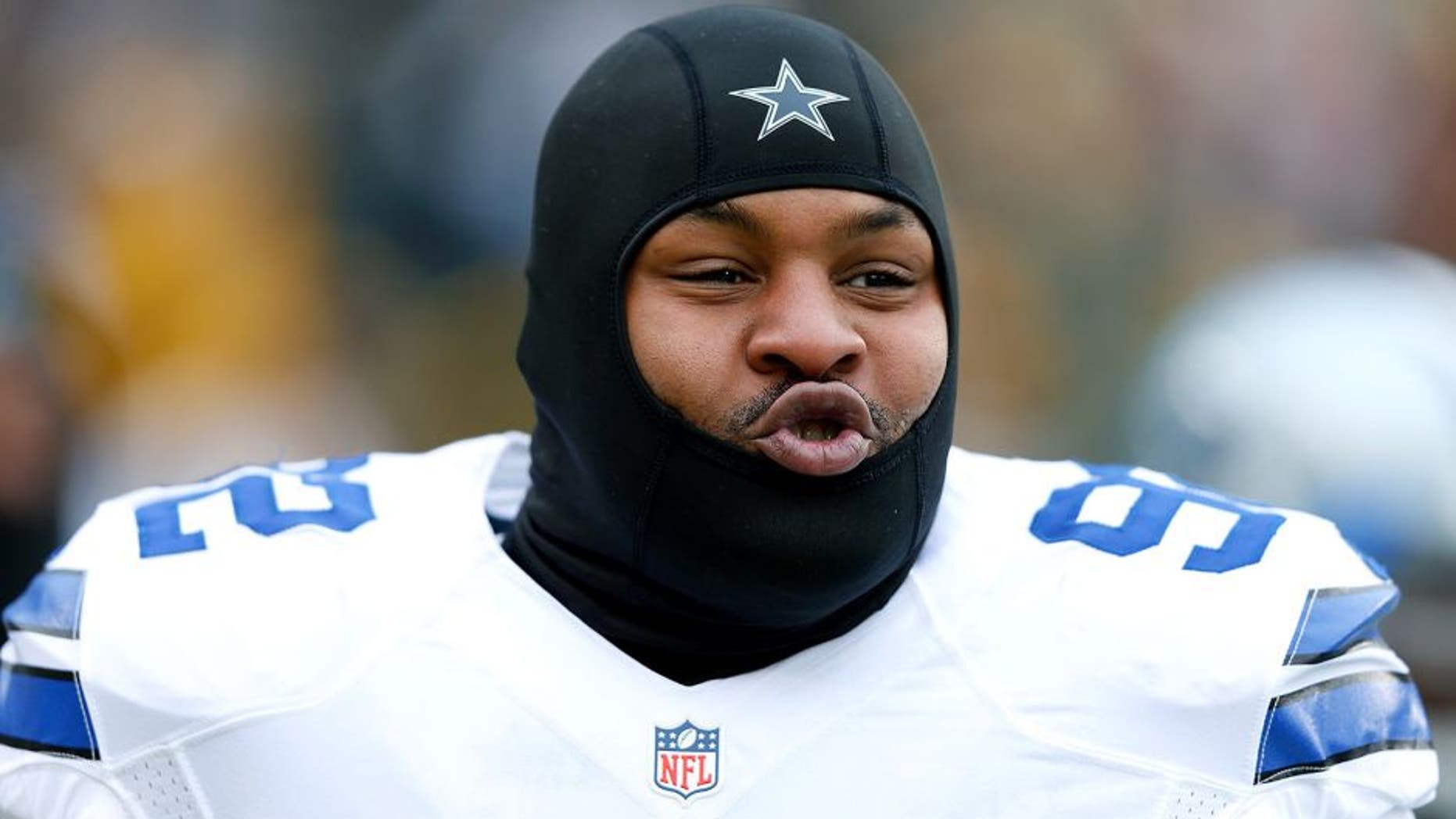 GREEN BAY, WI - JANUARY 11: Jeremy Mincey #92 of the Dallas Cowboys looks across the field during warm-ups prior to the 2015 NFC Divisional Playoff game against the Green Bay Packers at Lambeau Field on January 11, 2015 in Green Bay, Wisconsin. (Photo by Joe Robbins/Getty Images)