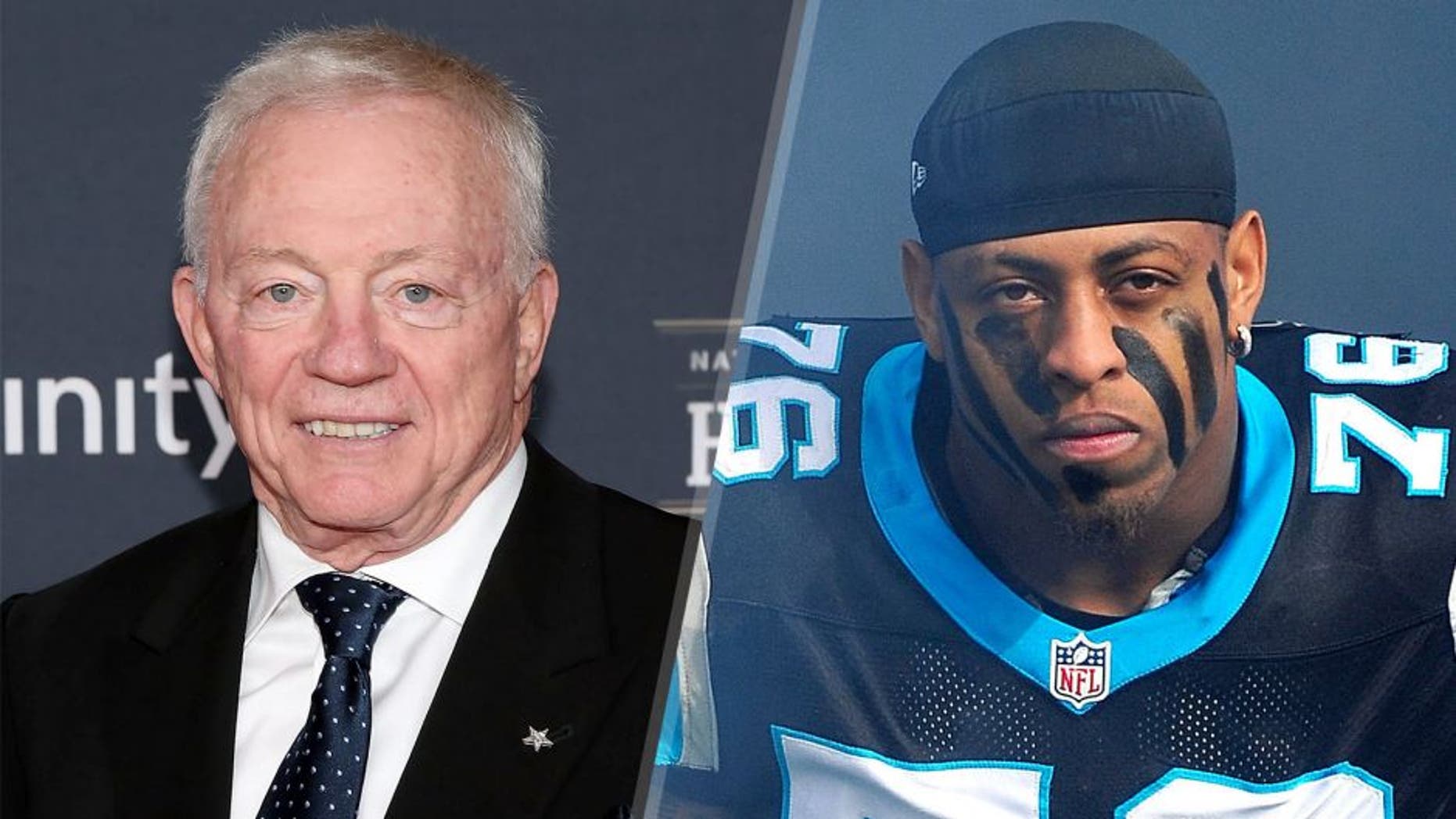 PHOENIX, AZ - JANUARY 31: Dallas Cowboys owner Jerry Jones attends the 2015 NFL Honors at Phoenix Convention Center on January 31, 2015 in Phoenix, Arizona. (Photo by Taylor Hill/Getty Images) CHARLOTTE, NC - DECEMBER 23: Greg Hardy #76 of the Carolina Panthers is introduced before a game against the Oakland Raiders at Bank of America Stadium on December 23, 2012 in Charlotte, North Carolina. Carolina defeated Oakland 17-6. (Photo by Grant Halverson/Getty Images)