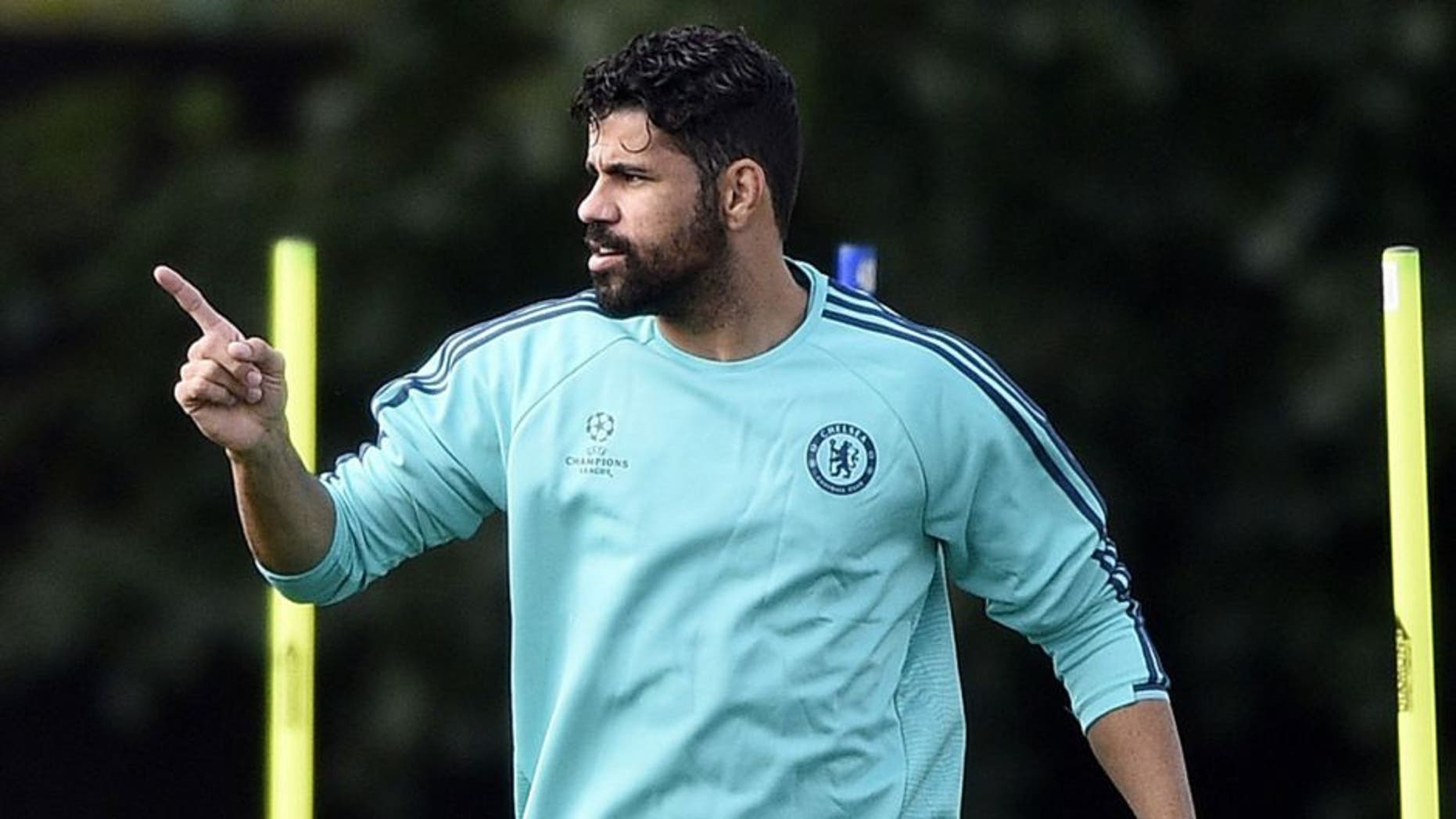 Chelsea's Brazilian-born Spanish striker Diego Costa reacts during a training session at Chelsea's training ground in Stoke D'Abernon, south of London, on September 28, 2015, on the eve of their UEFA Champions League Group G football match against Porto. AFP PHOTO / FRANCK FIFE (Photo credit should read FRANCK FIFE/AFP/Getty Images)
