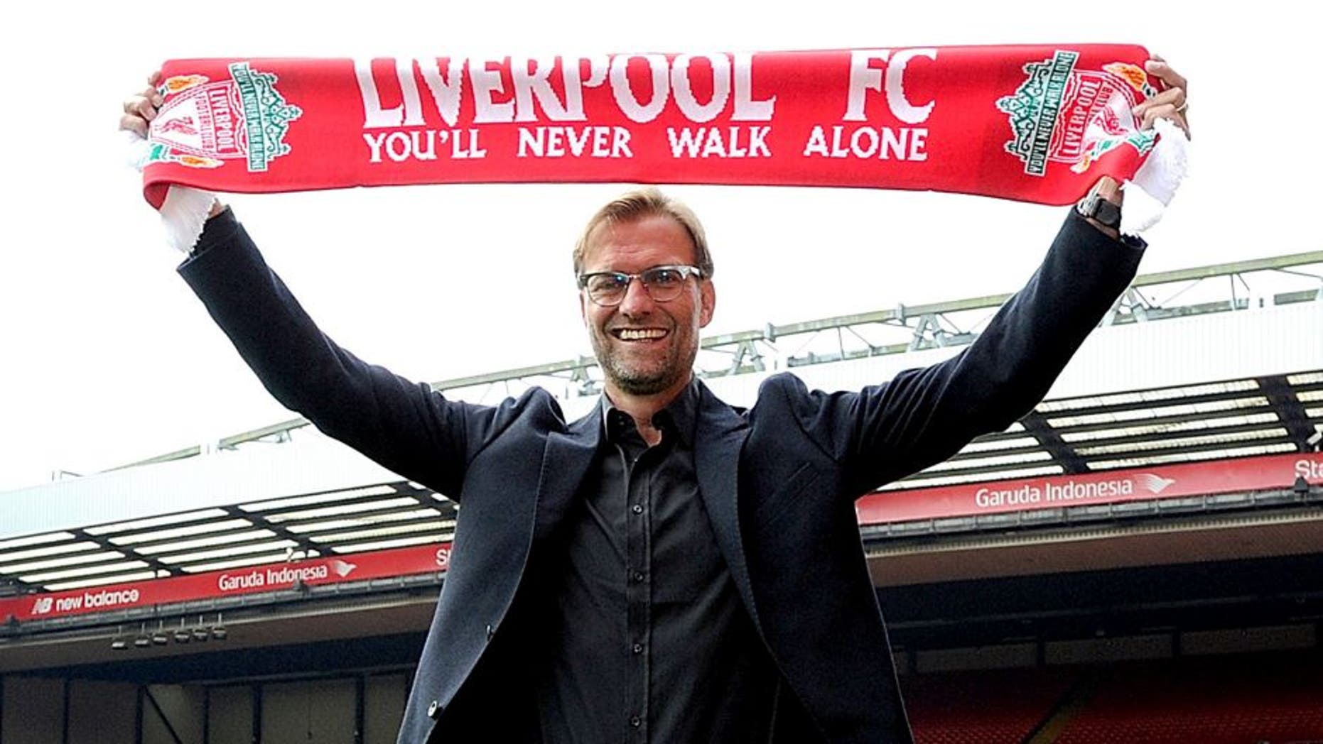 LIVERPOOL, ENGLAND - OCTOBER 09: (THE SUN OUT, THE SUN ON SUNDAY OUT) (MINIMUM PRINT FEE OF GBP 150, BROADCAST FEE OF GBP 150, ONLINE FEE OF GBP 75 PER IMAGE, OR LOCAL EQUIVALENT) Jurgen Klopp new manager of Liverpool at Anfield on October 9, 2015 in Liverpool, England. (Photo by Nick Taylor/Liverpool FC via Getty Images)