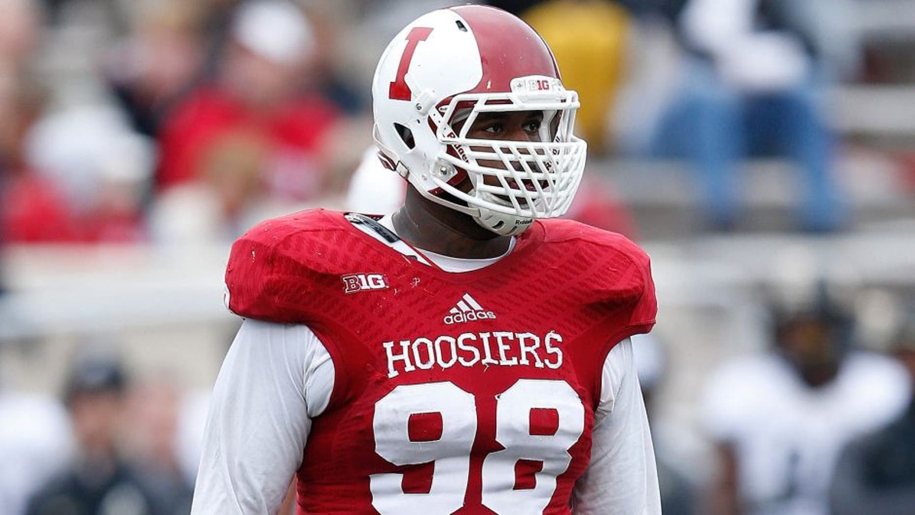 BLOOMINGTON, IN - NOVEMBER 29: Darius Latham #98 of the Indiana Hoosiers looks on against the Purdue Boilermakers during the game at Memorial Stadium on November 29, 2014 in Bloomington, Indiana. Indiana defeated Purdue 23-16. (Photo by Joe Robbins/Getty Images)
