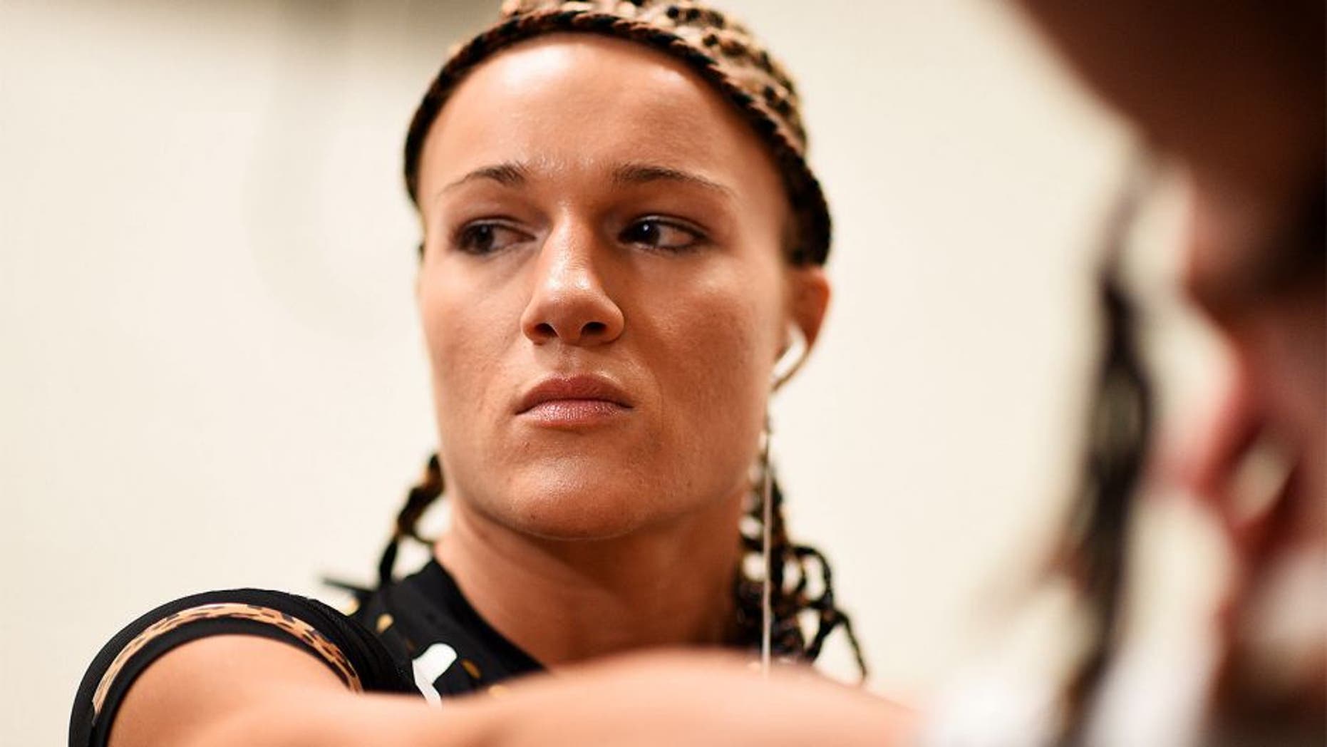 NEWARK, NJ - APRIL 18: Felice Herrig has her hands wrapped prior to her women's strawweight bout against Paige VanZant during the UFC Fight Night event at Prudential Center on April 18, 2015 in Newark, New Jersey. (Photo by Jeff Bottari/Zuffa LLC/Zuffa LLC via Getty Images)