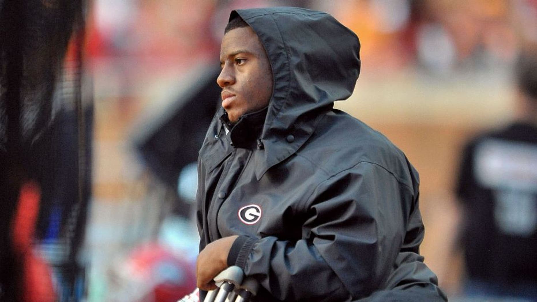 Oct 10, 2015; Knoxville, TN, USA; Georgia Bulldogs running back Nick Chubb (27) on the sideline after being injured during the second half against the Tennessee Volunteers at Neyland Stadium. Tennessee won 38-31. Mandatory Credit: Jim Brown-USA TODAY Sports