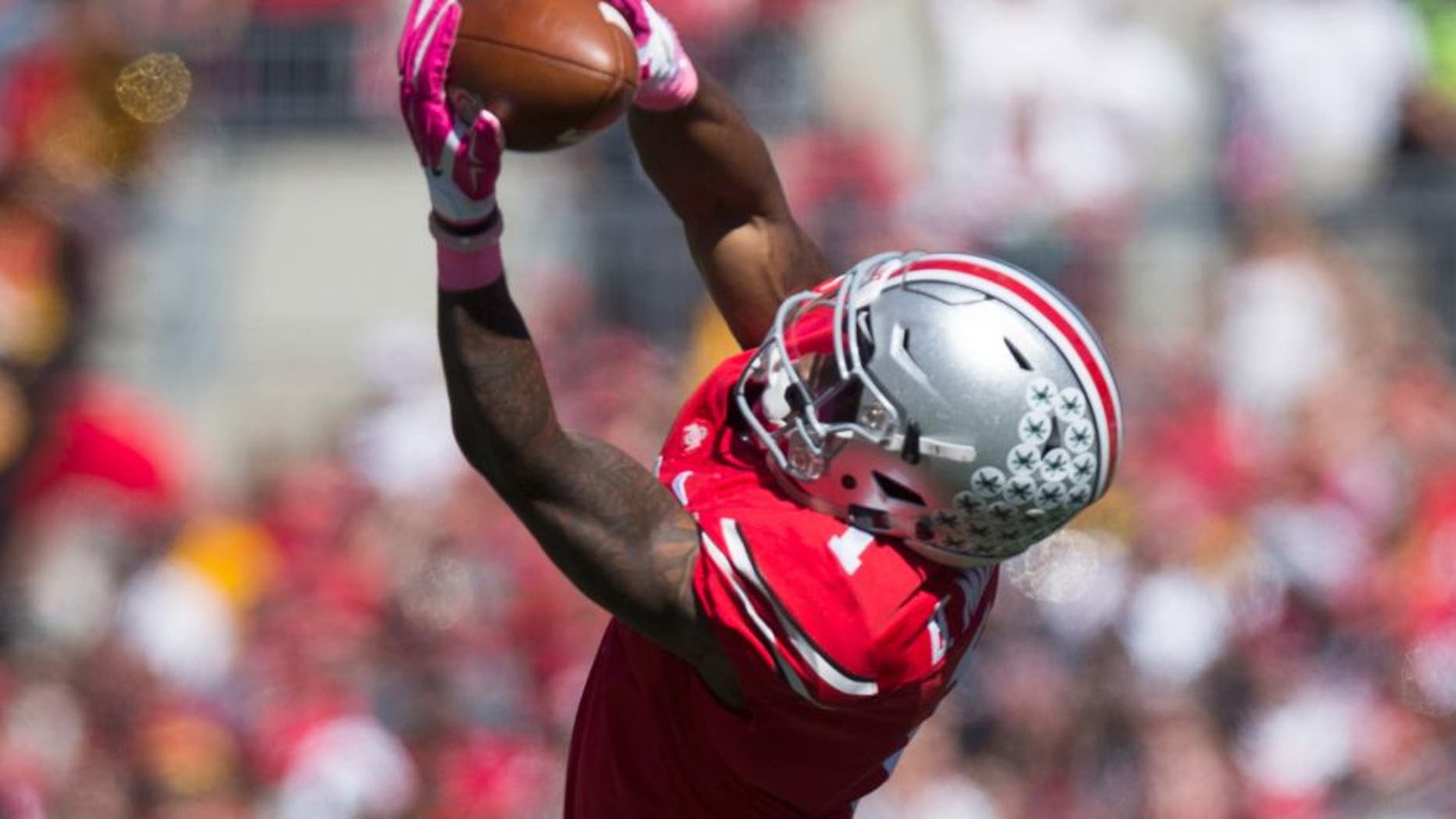 Oct 10, 2015; Columbus, OH, USA; Ohio State Buckeyes wide receiver Braxton Miller (1) makes a catch across the middle against the Maryland Terrapins at Ohio Stadium. Mandatory Credit: Greg Bartram-USA TODAY Sports