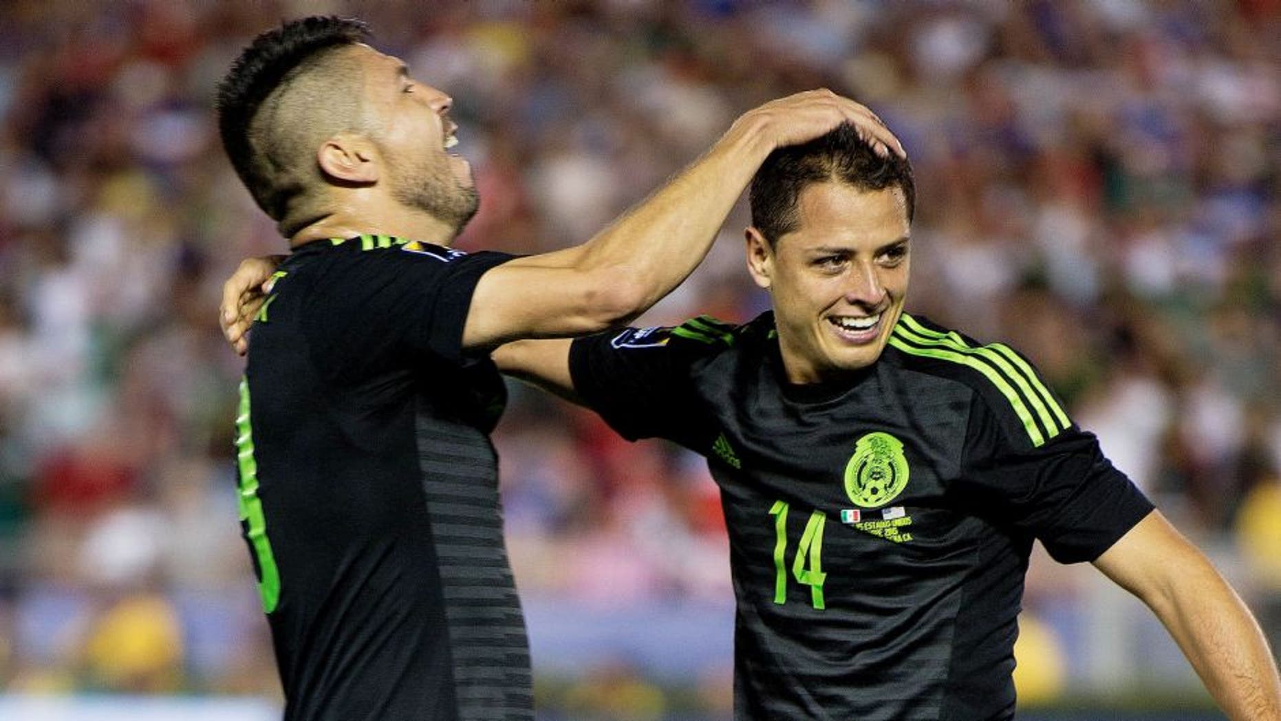 Actio photo during the match Mexico vs United States, Corresponding Playoff Match for FIFA Confederations Cup 2017 CONCACAF Cup 2015 at Rose Bowl Stadium. Foto de accion durante el partido Mexico vs Estados Unidos, partido de Eliminatoria final de la CONCACAF Copa 2015 para el pase a la Copa FIFA Confederaciones 2017 en el Rose Bowl Stadium, en la foto:Javier -El CHicharito- Hernandez celebra su gol de Mexico 10/10/2015/MEXSPORT/David Leah.