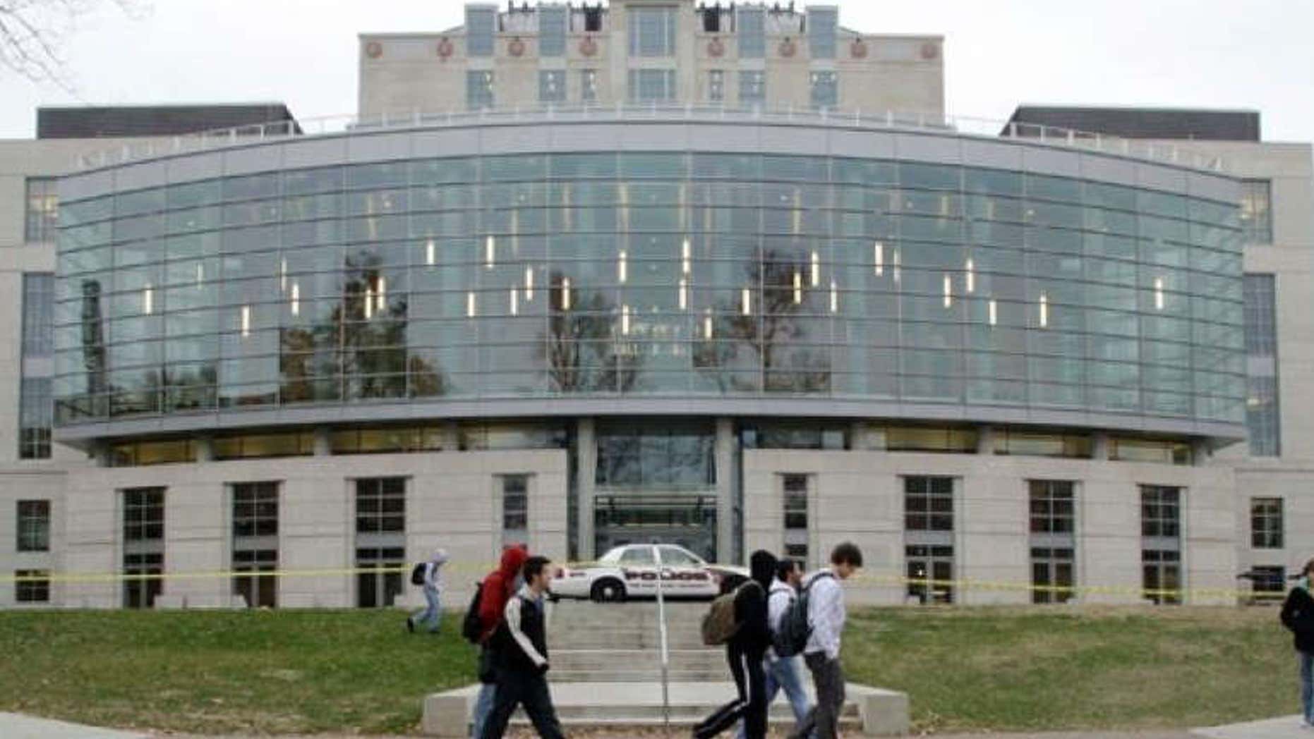 Nov. 16, 2010: Students walk past a closed library at Ohio State University in Columbus, Ohio. The school evacuated the main library, along with three other academic buildings, after the FBI received an e-mailed bomb threat targeting the university.