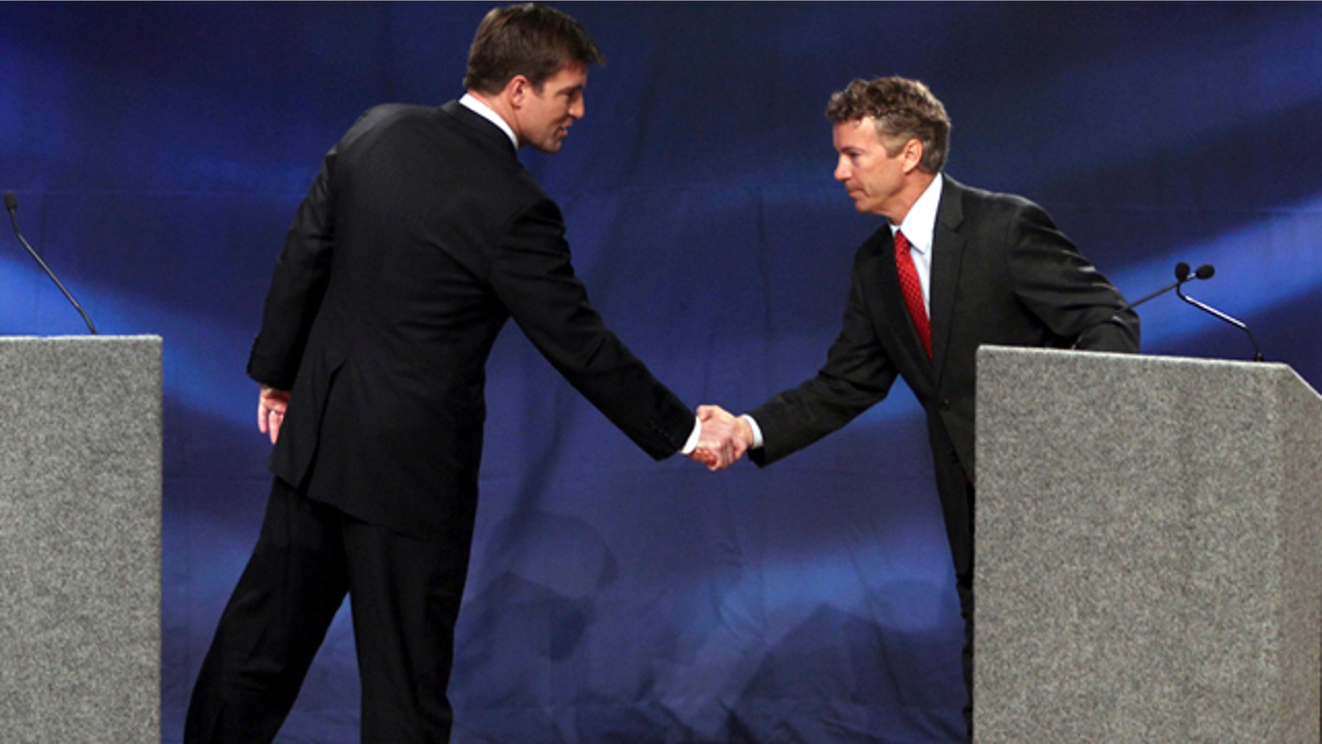 Oct. 11: Kentucky Senate candidates Democrat Jack Conway, left, and Republican Rand Paul, right, shake hands at the end of their debate at Northern Kentucky University in Highland Heights, Ky.