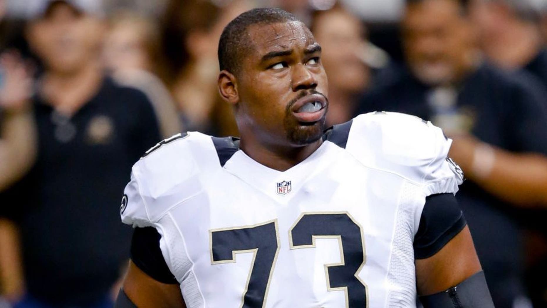 Sep 8, 2013; New Orleans, LA, USA; New Orleans Saints guard Jahri Evans (73) against the Atlanta Falcons during a game at the Mercedes-Benz Superdome. The Saints defeated the Falcons 23-17. Mandatory Credit: Derick E. Hingle-USA TODAY Sports