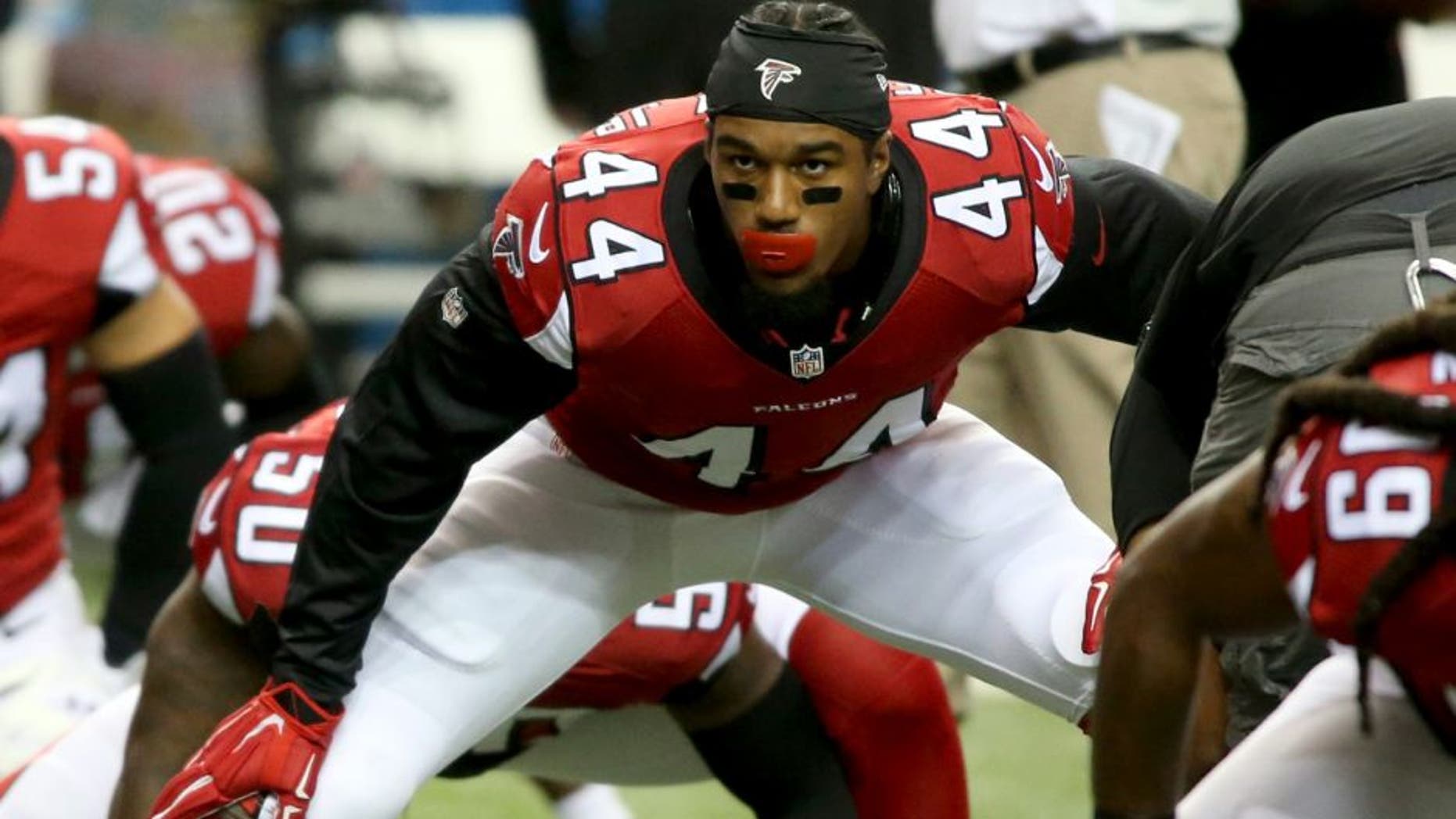 Aug 14, 2015; Atlanta, GA, USA; Atlanta Falcons linebacker Vic Beasley (44) warms-up before their game against the Tennessee Titans in a preseason NFL football game at Georgia Dome. Mandatory Credit: Jason Getz-USA TODAY Sports
