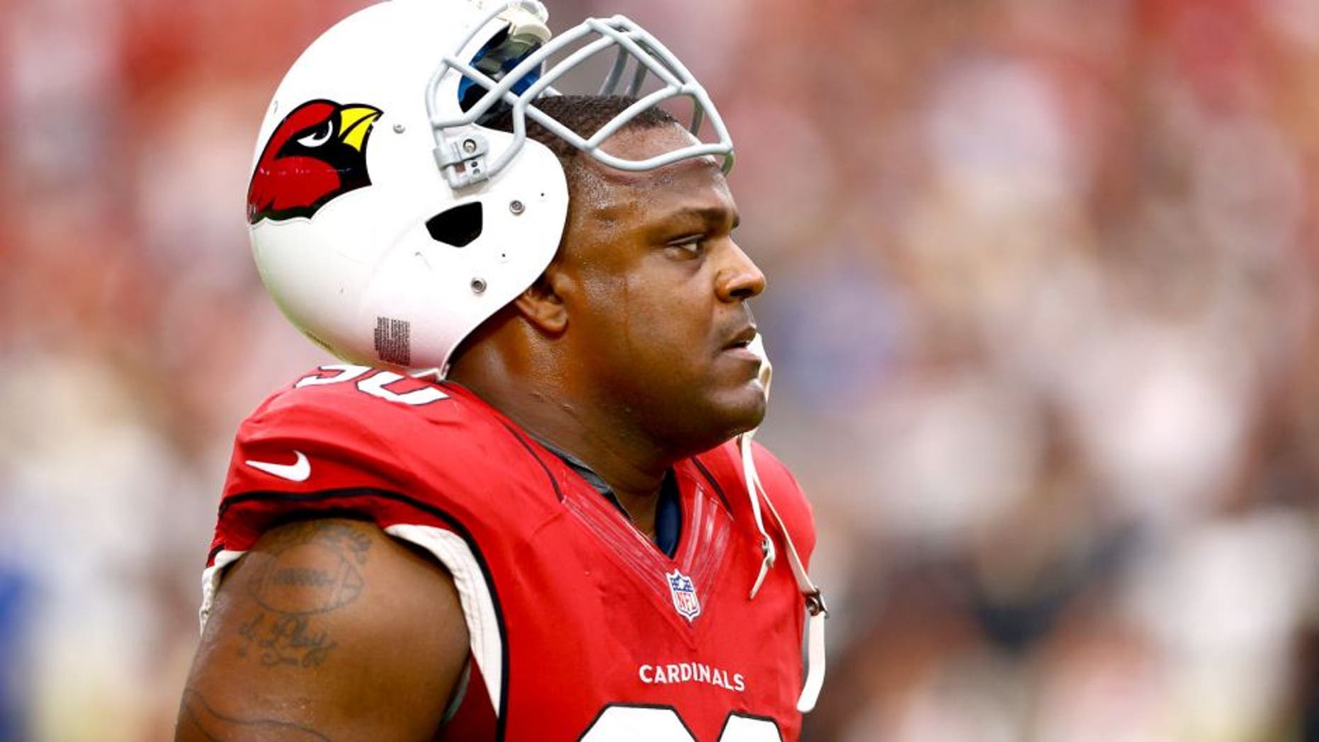 Sep 13, 2015; Glendale, AZ, USA; Arizona Cardinals defensive end Cory Redding against the New Orleans Saints at University of Phoenix Stadium. The Cardinals defeated the Saints 31-19. Mandatory Credit: Mark J. Rebilas-USA TODAY Sports