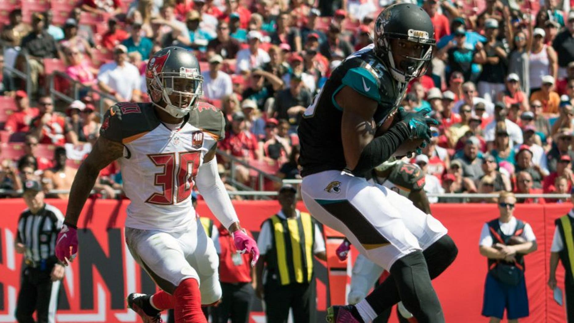 Oct 11, 2015; Tampa, FL, USA; Jacksonville Jaguars wide receiver Allen Robinson (15) scores a touchdown in the second quarter against Tampa Bay Buccaneers at Raymond James Stadium. Mandatory Credit: Logan Bowles-USA TODAY Sports