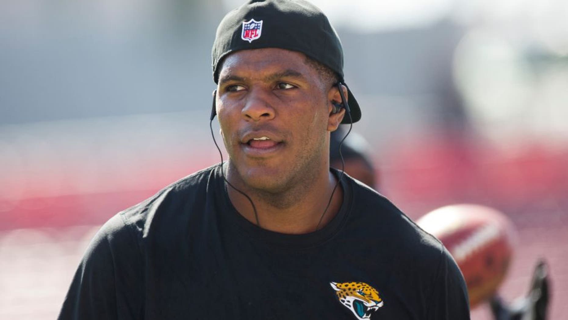 Oct 11, 2015; Tampa, FL, USA; Jacksonville Jaguars tight end Julius Thomas warms up prior to a game against the Tampa Bay Buccaneers at Raymond James Stadium. Mandatory Credit: Logan Bowles-USA TODAY Sports
