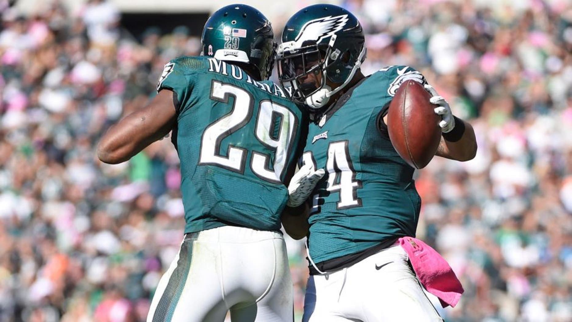 Oct 11, 2015; Philadelphia, PA, USA; Philadelphia Eagles running back DeMarco Murray (29) and running back Ryan Mathews (24) celebrate a touchdown during the third quarter against the New Orleans Saints at Lincoln Financial Field. Mandatory Credit: Eric Hartline-USA TODAY Sports