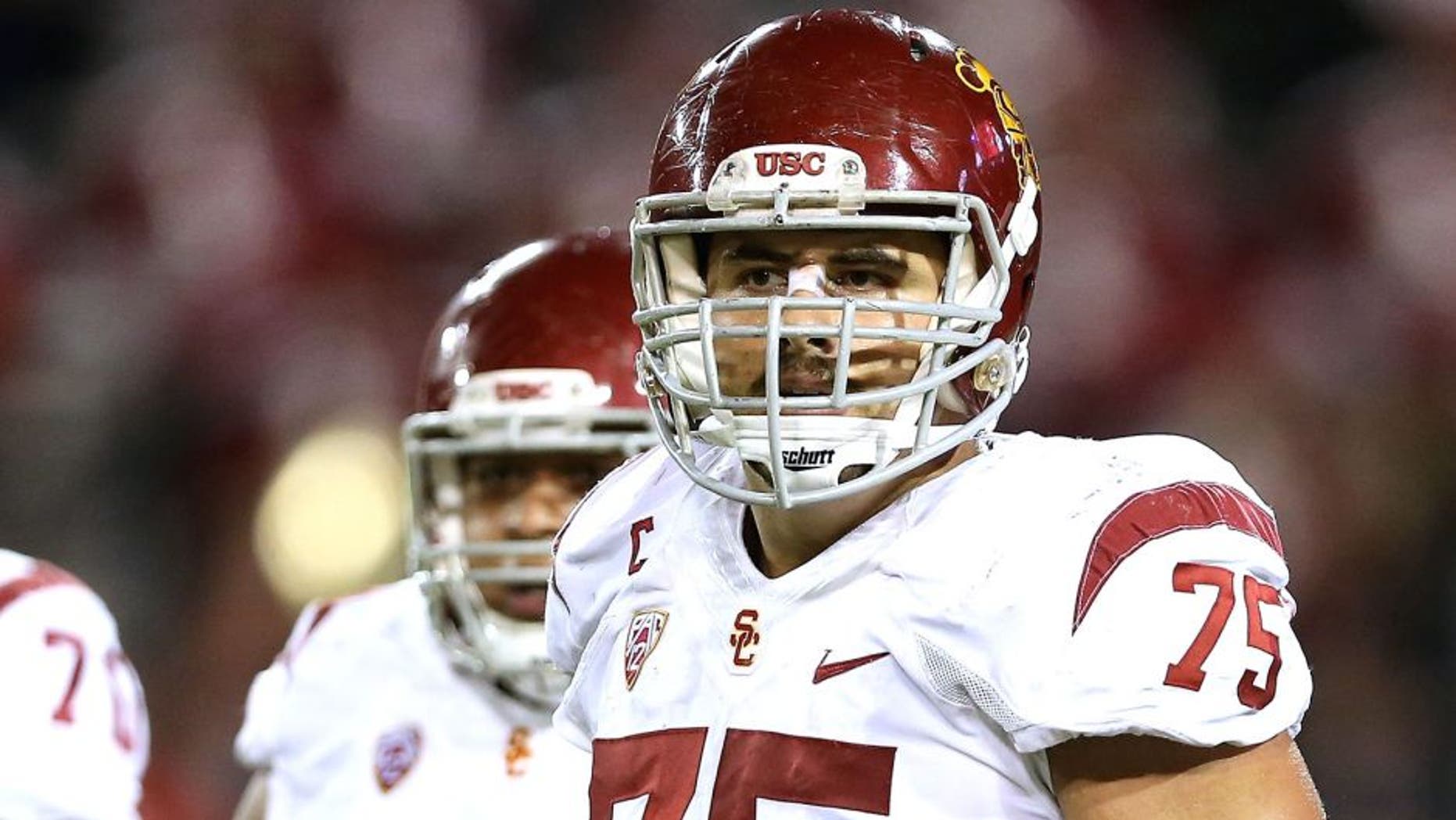 TUCSON, AZ - OCTOBER 11: Center Max Tuerk #75 of the USC Trojans during the college football game against the Arizona Wildcats at Arizona Stadium on October 11, 2014 in Tucson, Arizona. The Trojans defeatred the Wildcats 28-26. (Photo by Christian Petersen/Getty Images)