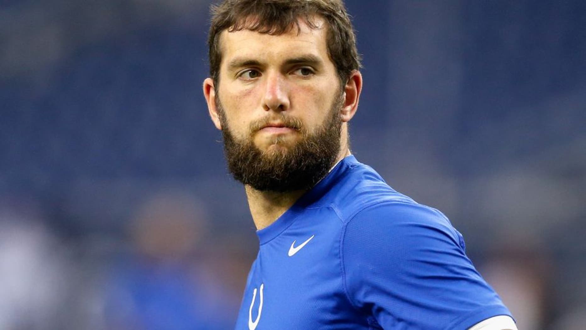 HOUSTON, TX - OCTOBER 08: Andrew Luck #12 of the Indianapolis Colts warms up before the game at NRG Stadium on October 8, 2015 in Houston, Texas. Luck did not play due to a shoulder injury. (Photo by Bob Levey/Getty Images)