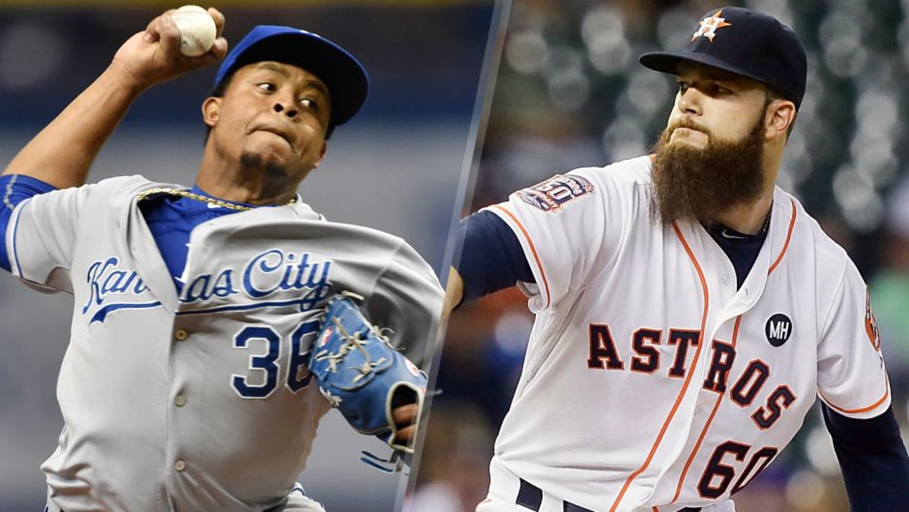 ST. PETERSBURG, FL - AUGUST 28: Pitcher Edinson Volquez #36 of the Kansas City Royals pitches during a MLB game against the Tampa Bay Rays on August 28, 2015 at Tropicana Field in St. Petersburg, Florida. (Photo by Ronald C. Modra/Sports Imagery/Getty Images) HOUSTON, TX - SEPTEMBER 21: Dallas Keuchel #60 of the Houston Astros pitches in the first inning against the Los Angeles Angels of Anaheim at Minute Maid Park on September 21, 2015 in Houston, Texas. (Photo by Bob Levey/Getty Images)