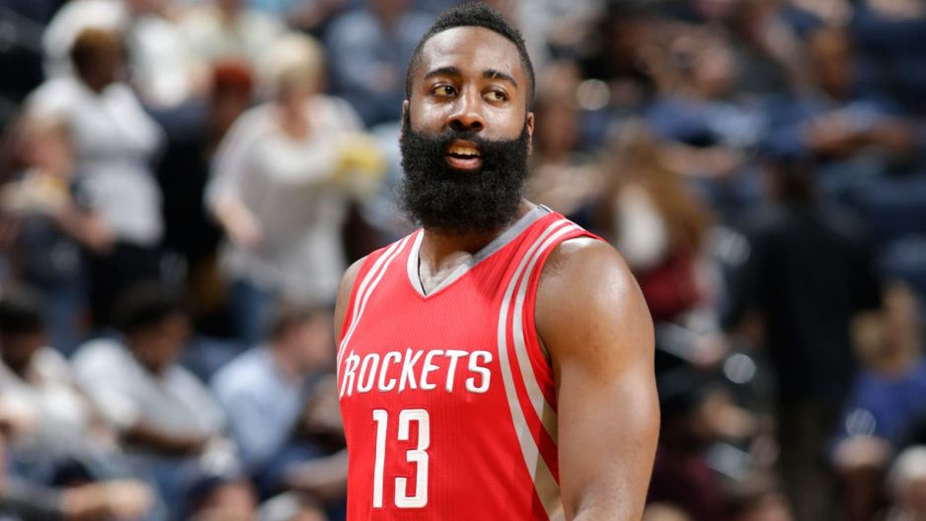 MEMPHIS, TN - OCTOBER 6: James Harden #13 of the Houston Rockets looks on against the Memphis Grizzlies during a preseason game on October 6, 2015 at FedExForum in Memphis, Tennessee. NOTE TO USER: User expressly acknowledges and agrees that, by downloading and or using this photograph, User is consenting to the terms and conditions of the Getty Images License Agreement. Mandatory Copyright Notice: Copyright 2015 NBAE (Photo by Jeff Haynes/NBAE via Getty Images)