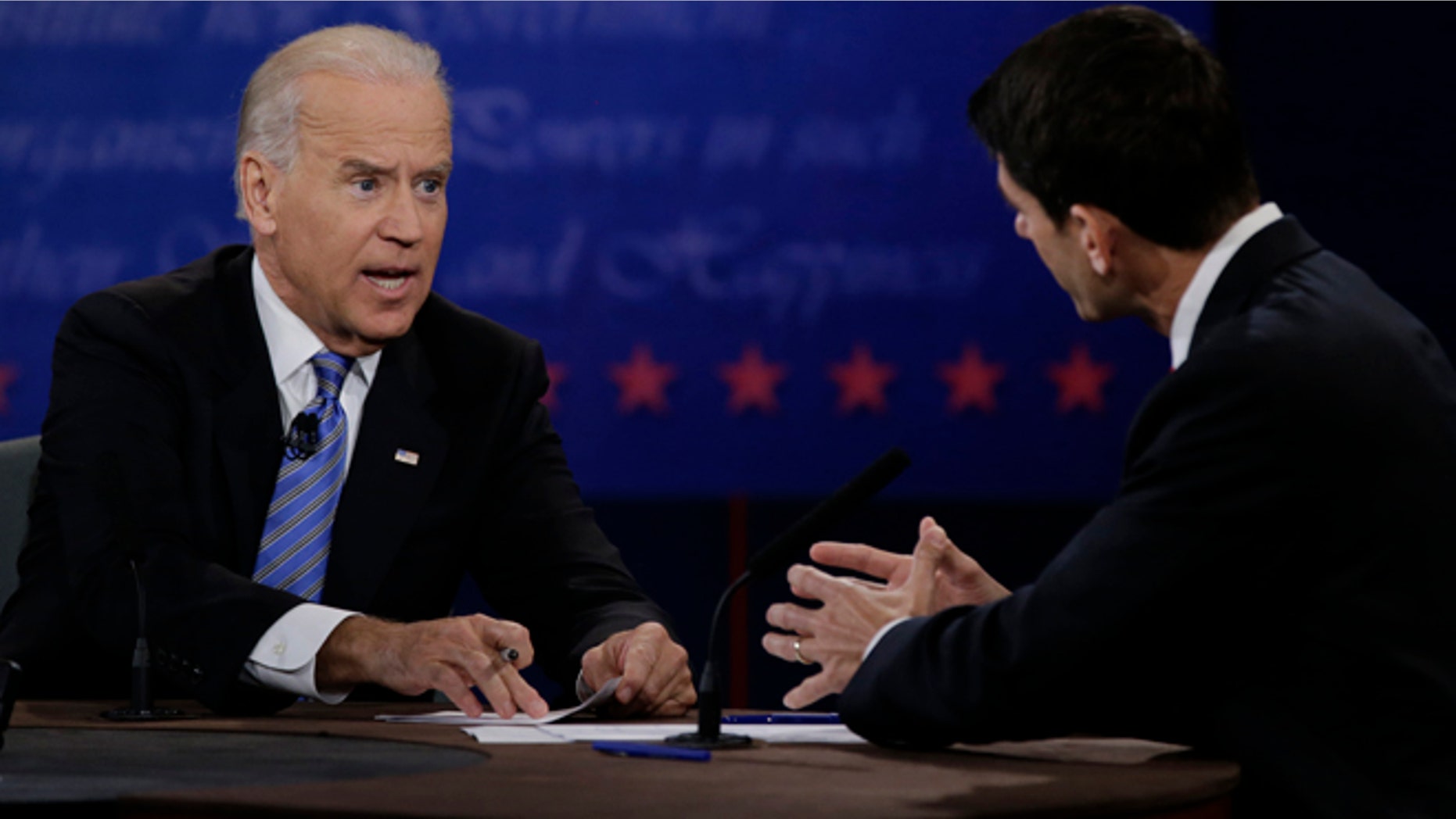 Oct. 11, 2012: Paul Ryan and Joe Biden discuss a point during the vice presidential debate.
