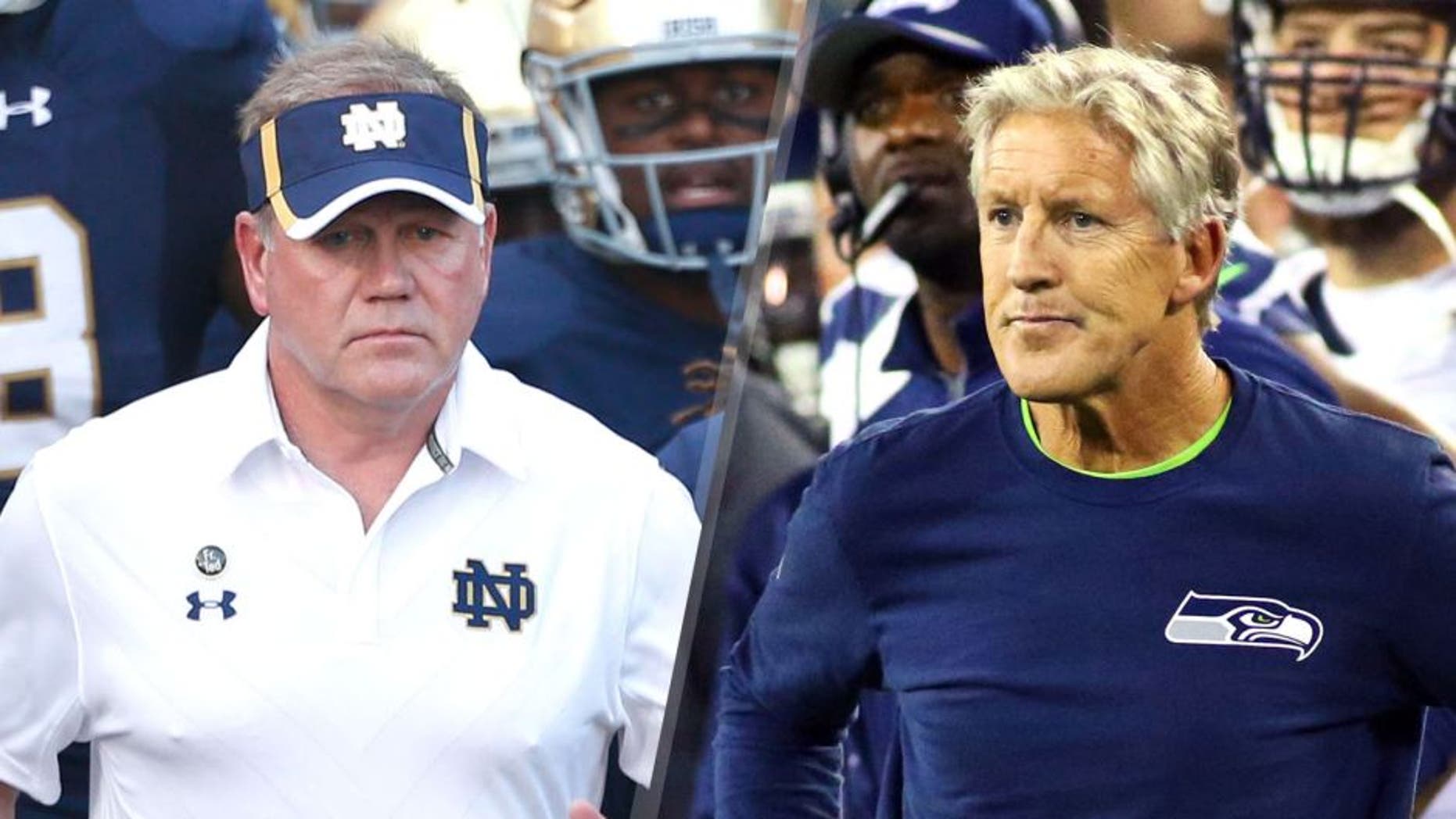 Sep 5, 2015; South Bend, IN, USA; Notre Dame Fighting Irish coach Brian Kelly leads his team onto the field before the game against the Texas Longhorns at Notre Dame Stadium. Mandatory Credit: Brian Spurlock-USA TODAY Sports, Sep 20, 2015; Green Bay, WI, USA; Seattle Seahawks head coach Pete Carroll on the sidelines against the Green Bay Packers during the second quarter at Lambeau Field. Mandatory Credit: Ray Carlin-USA TODAY Sports