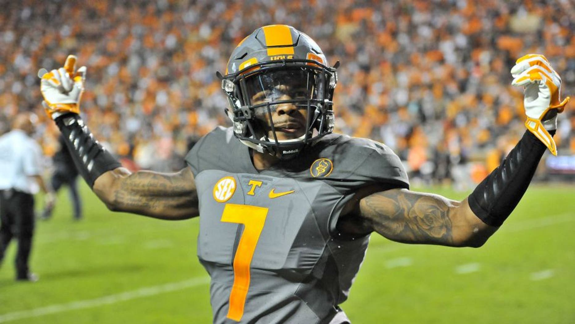 Oct 10, 2015; Knoxville, TN, USA; Tennessee Volunteers defensive back Cameron Sutton (7) celebrates after defeating the Georgia Bulldogs during the second half at Neyland Stadium. Tennessee won 38-31. Mandatory Credit: Jim Brown-USA TODAY Sports