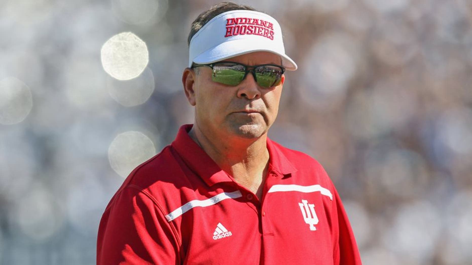 Oct 10, 2015; University Park, PA, USA; Indiana Hoosiers head coach Kevin Wilson walks on the field during the third quarter against the Penn State Nittany Lions at Beaver Stadium. Penn State defeated Indiana 29-7. Mandatory Credit: Matthew O'Haren-USA TODAY Sports