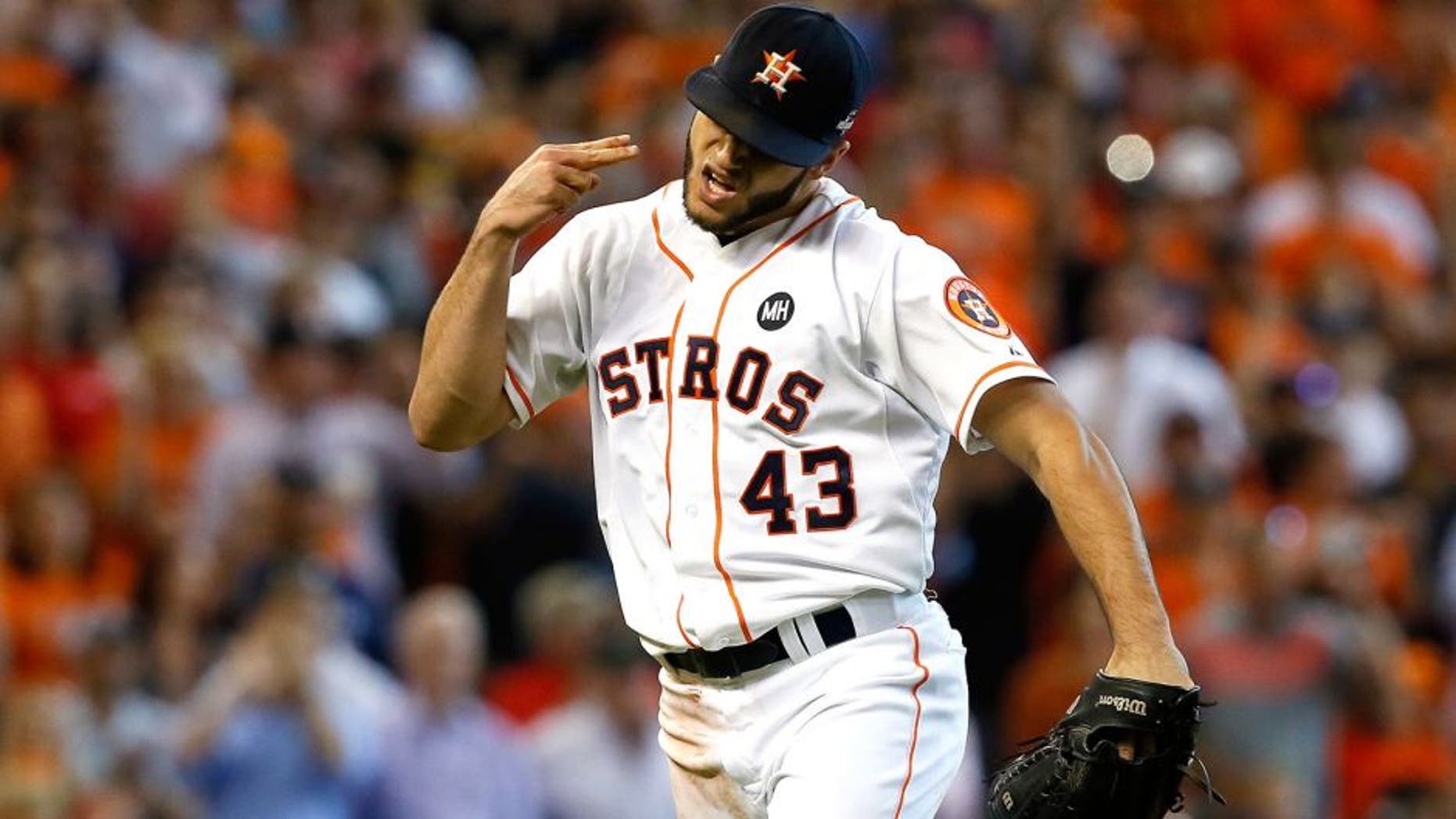 HOUSTON, TX - OCTOBER 12: Lance McCullers #43 of the Houston Astros reacts after the third out in the sixth inning against the Kansas City Royals during game four of the American League Divison Series at Minute Maid Park on October 12, 2015 in Houston, Texas. (Photo by Bob Levey/Getty Images)