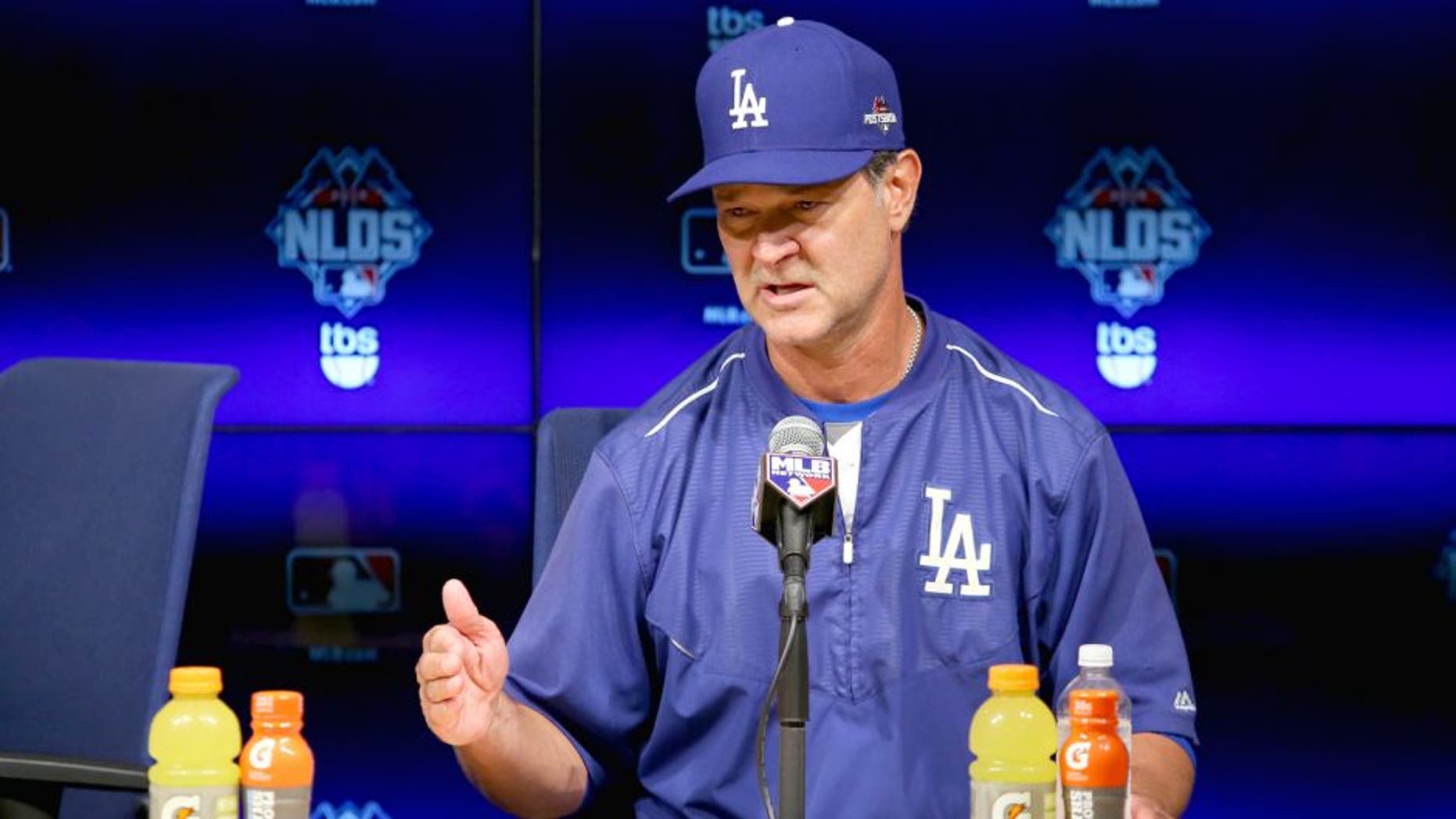 LOS ANGELES, CA - OCTOBER 10: Manager Don Mattingly #8 of the Los Angeles Dodgers speaks to the media after the Dodgers 5-2 win against the New York Mets in game two of the National League Division Series at Dodger Stadium on October 10, 2015 in Los Angeles, California. (Photo by Sean M. Haffey/Getty Images)