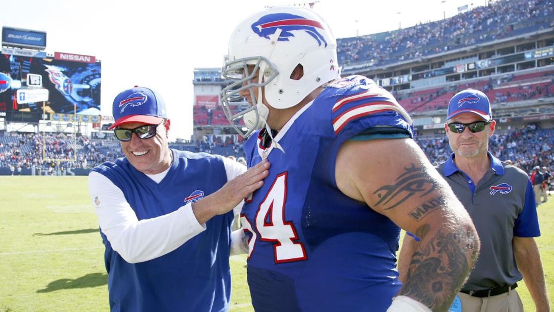 NASHVILLE, TN - OCTOBER 11: Head coach Rex Ryan of the Buffalo Bills celebrates with Richie Incognito #64 after the game against the Tennessee Titans at Nissan Stadium on October 11, 2015 in Nashville, Tennessee. The Bills defeated the Titans 14-13. (Photo by Joe Robbins/Getty Images)