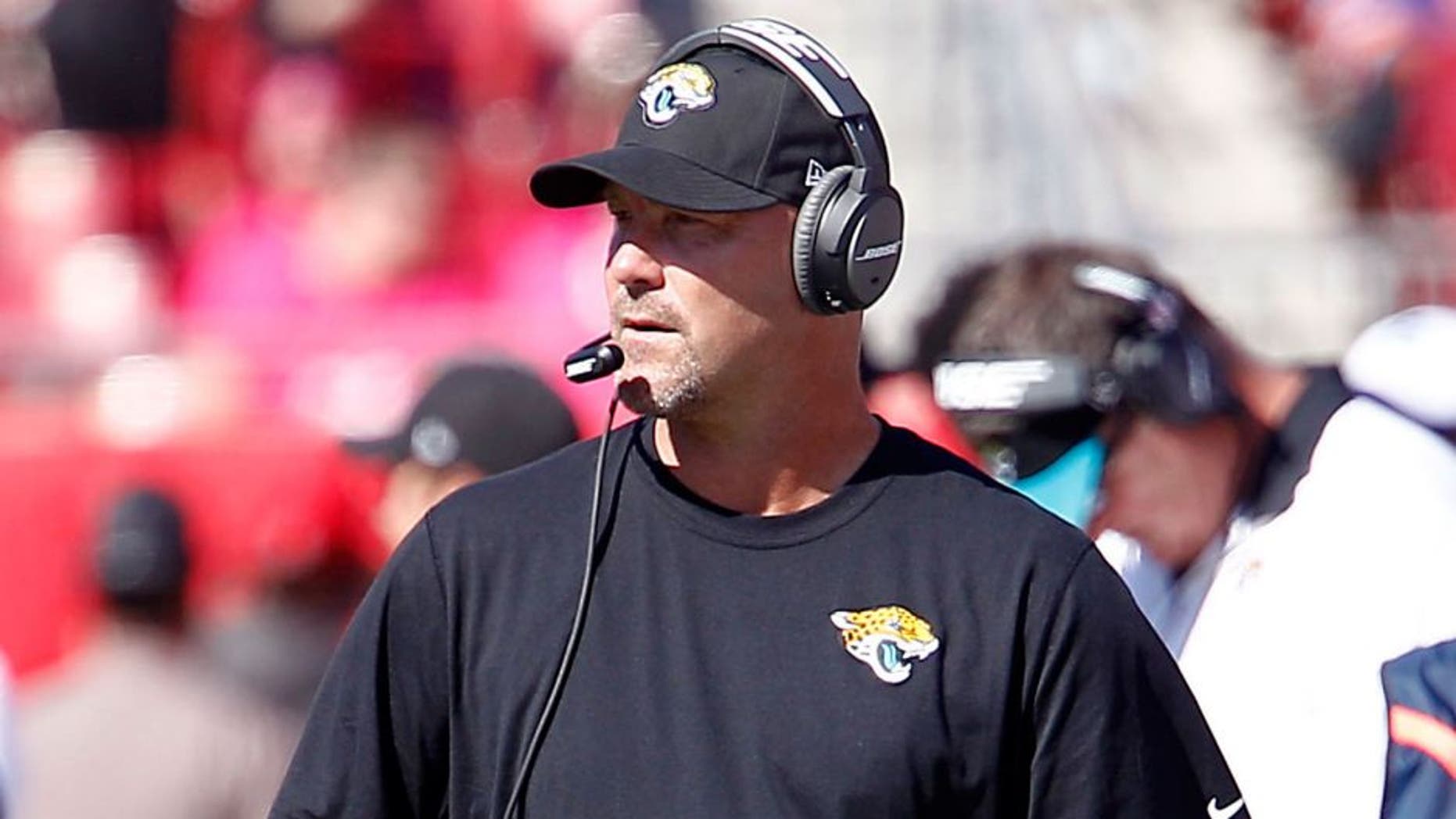 Oct 11, 2015; Tampa, FL, USA; Jacksonville Jaguars head coach Gus Bradley during the second half of an NFL football game against the Tampa Bay Buccaneers at Raymond James Stadium. Tampa won 38-31. Mandatory Credit: Reinhold Matay-USA TODAY Sports