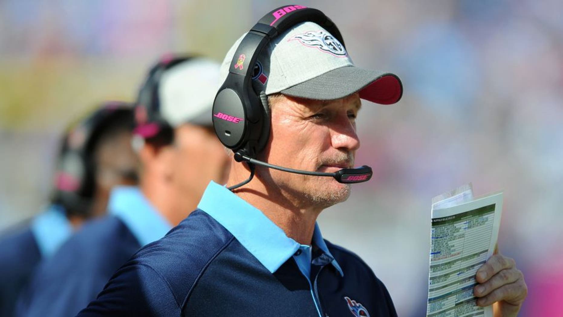 Oct 11, 2015; Nashville, TN, USA; Tennessee Titans head coach Ken Whisenhunt during the second half against the Buffalo Bills at Nissan Stadium. The Bills won 14-13. Mandatory Credit: Christopher Hanewinckel-USA TODAY Sports