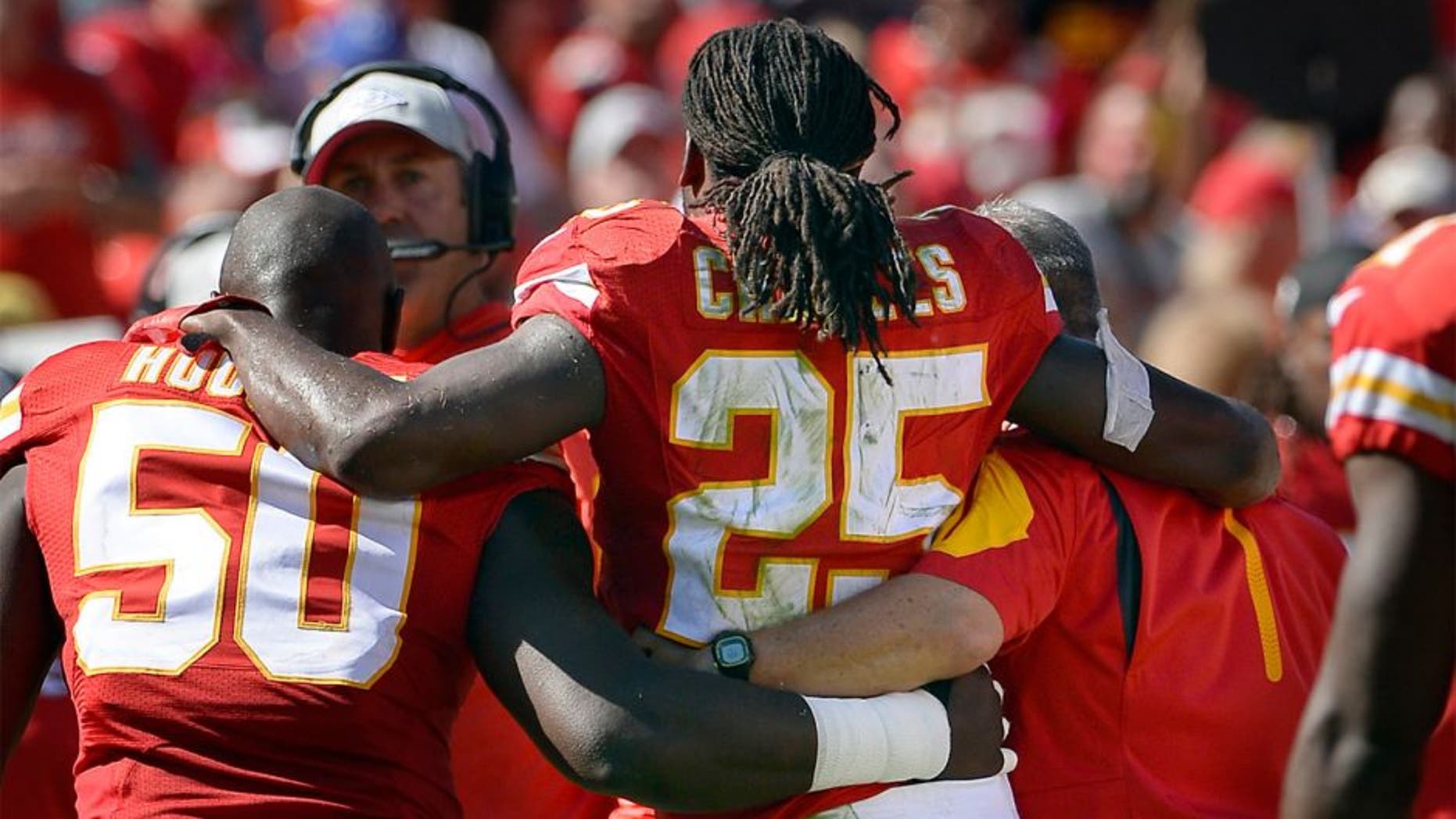 Kansas City Chiefs running back Jamaal Charles is helped off the field after getting injured during the third quarter on Sunday, Oct. 11, 2015, at Arrowhead Stadium in Kansas City, Mo. (Keith Myers/Kansas City Star/TNS via Getty Images)