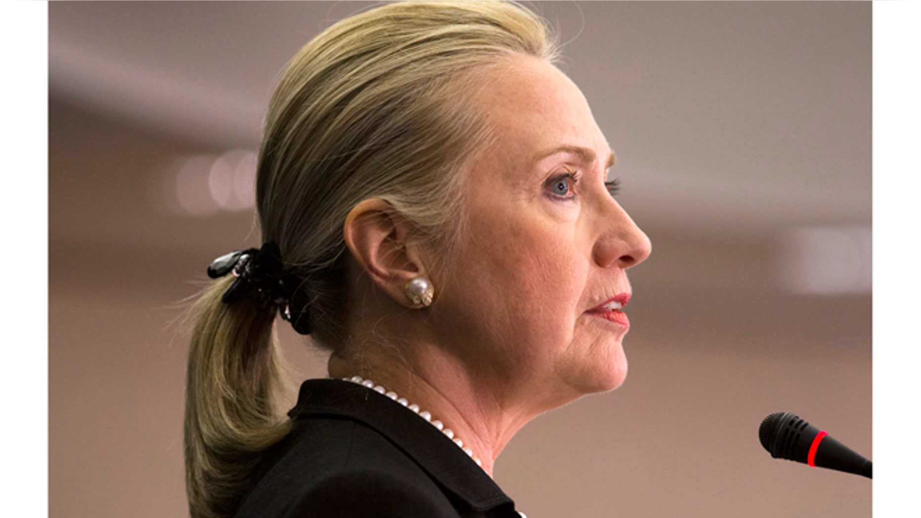 Secretary of State Hillary Rodham Clinton says the United States must continue sending diplomats and aid workers to the Arab world's emerging democracies, despite last month's deadly attack in Libya, during a speech at the Center for Strategic and International Studies in Washington, Friday, Oct. 12, 2012. (AP Photo/J. Scott Applewhite)