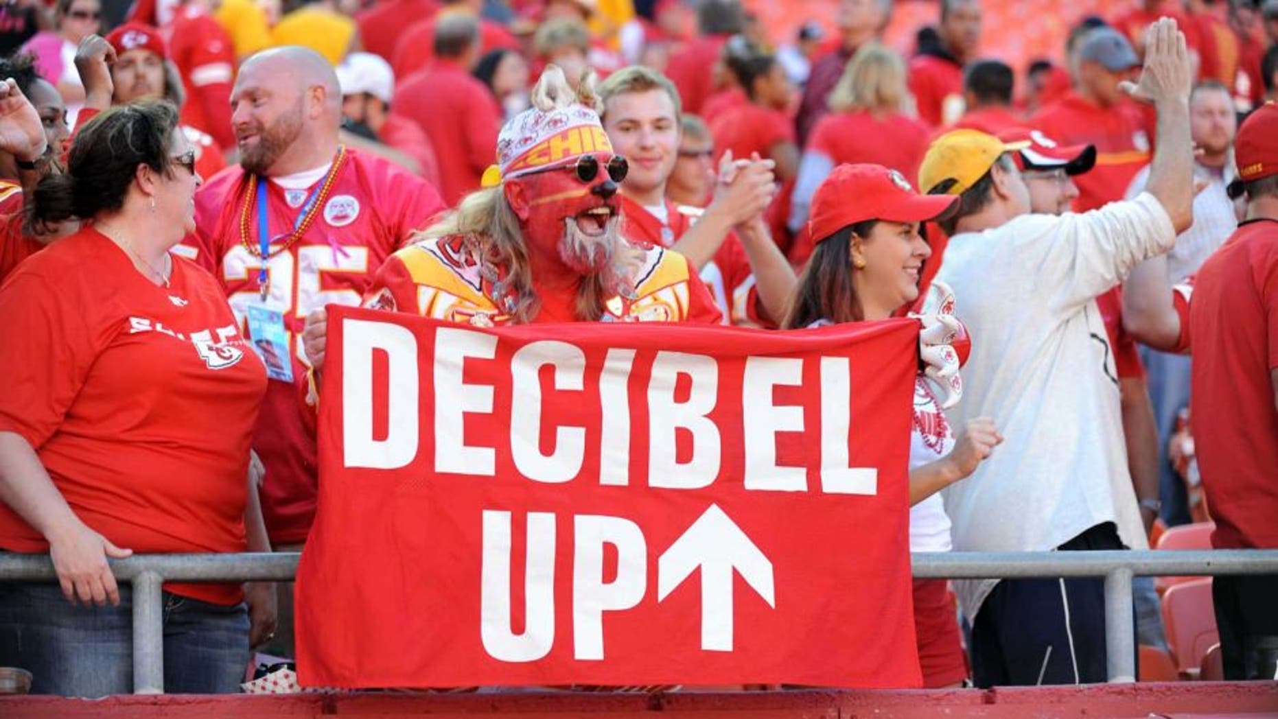 Oct 13, 2013; Kansas City, MO, USA; Kansas City Chiefs fans cheer during the second half of the game against the Oakland Raiders at Arrowhead Stadium. The Chiefs won 24-7. Mandatory Credit: Denny Medley-USA TODAY Sports