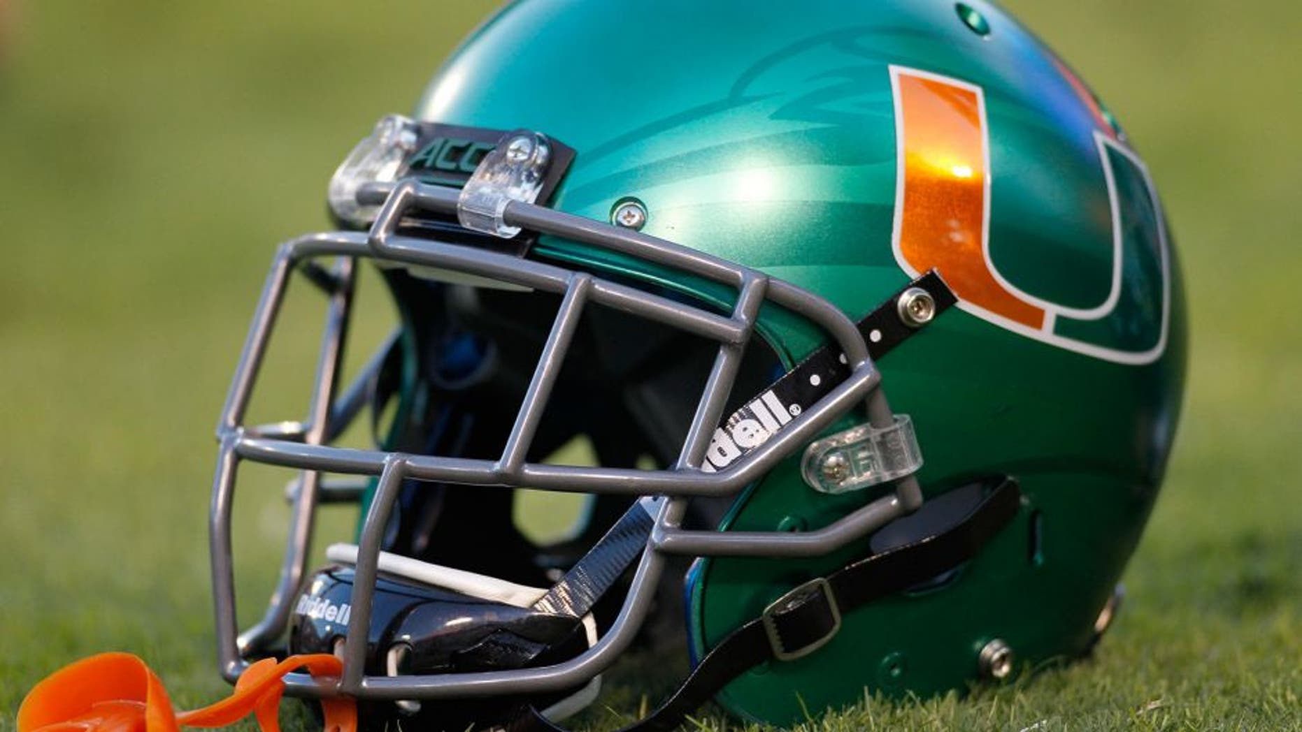 Oct 4, 2014; Atlanta, GA, USA; Miami Hurricanes helmet on the field before a game against the Georgia Tech Yellow Jackets at Bobby Dodd Stadium. Mandatory Credit: Brett Davis-USA TODAY Sports