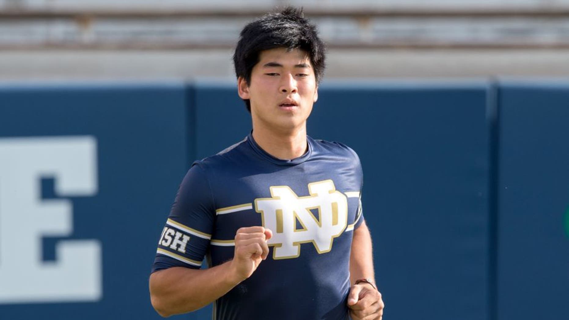Sep 5, 2015; South Bend, IN, USA; Notre Dame Fighting Irish kicker Justin Yoon (19) warms up prior to the game against the Texas Longhorns at Notre Dame Stadium. Notre Dame won 38-3. Mandatory Credit: Matt Cashore-USA TODAY Sports