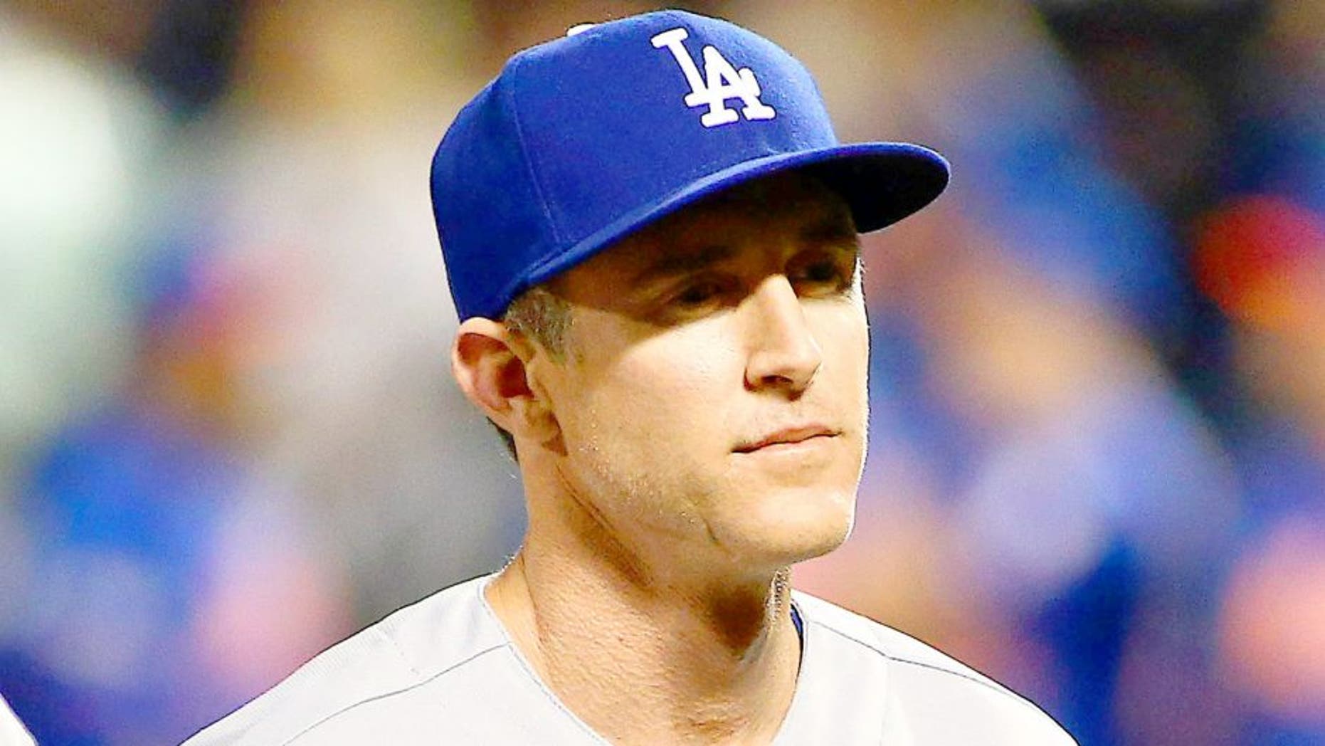 Oct 12, 2015; New York City, NY, USA; Los Angeles Dodgers infielder Chase Utley (26) is introduced prior to the game against the New York Mets in game three of the NLDS at Citi Field. Mandatory Credit: Andy Marlin-USA TODAY Sports