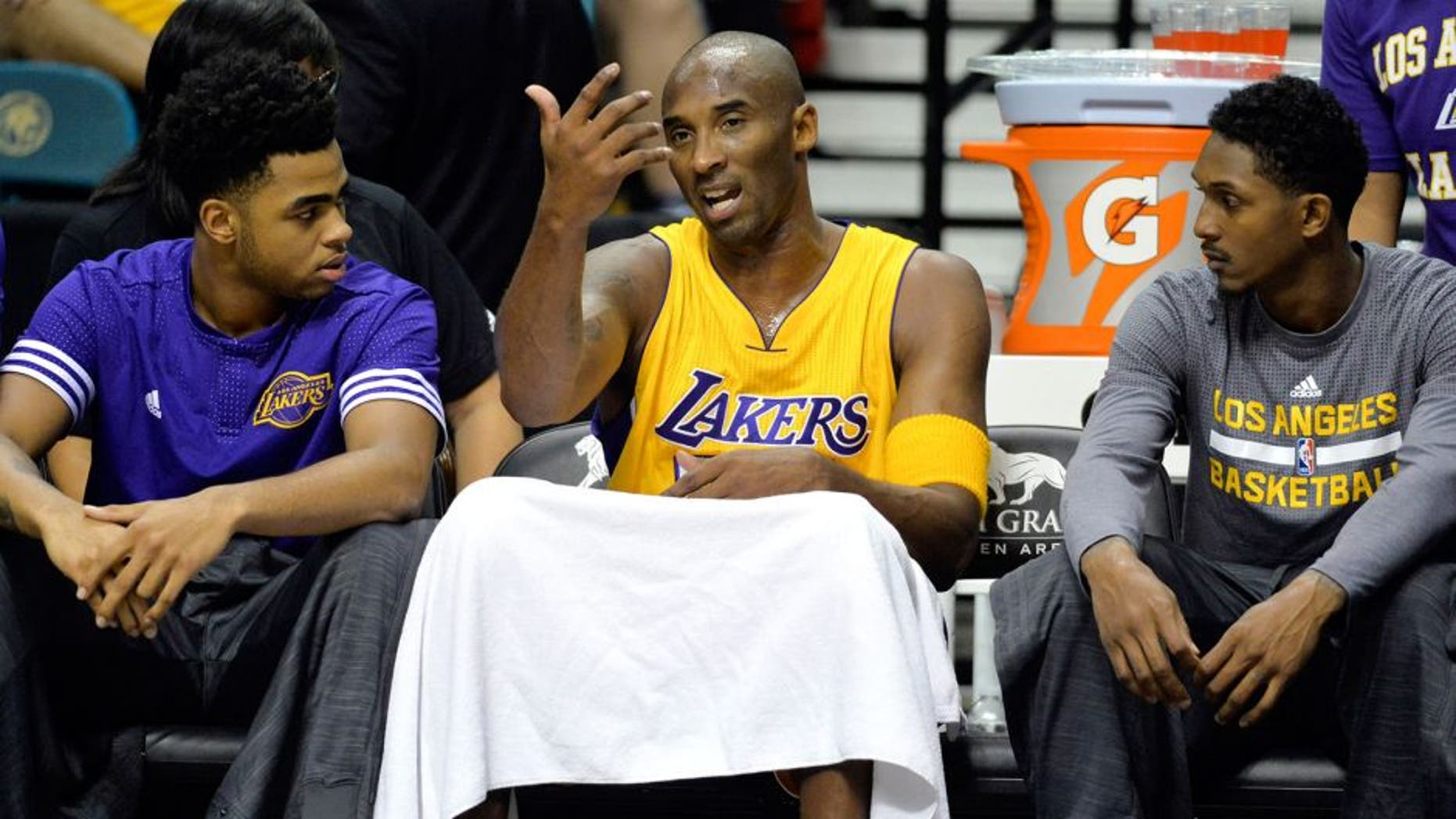 Oct 13, 2015; Las Vegas, NV, USA; Los Angeles Lakers guard Kobe Bryant (24) reacts during the game against the Sacramento Kings at the MGM Grand Garden Arena. Mandatory Credit: Kirby Lee-USA TODAY Sports