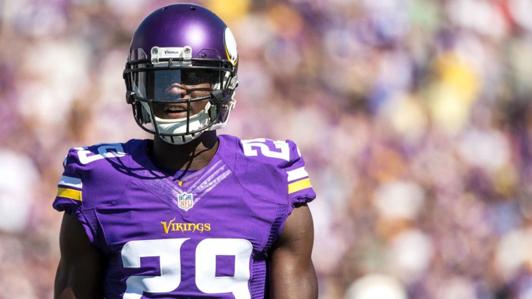 Sep 27, 2015; Minneapolis, MN, USA; Minnesota Vikings cornerback Xavier Rhodes (29) against the San Diego Chargers at TCF Bank Stadium. The Vikings defeated the Chargers 31-14. Mandatory Credit: Brace Hemmelgarn-USA TODAY Sports