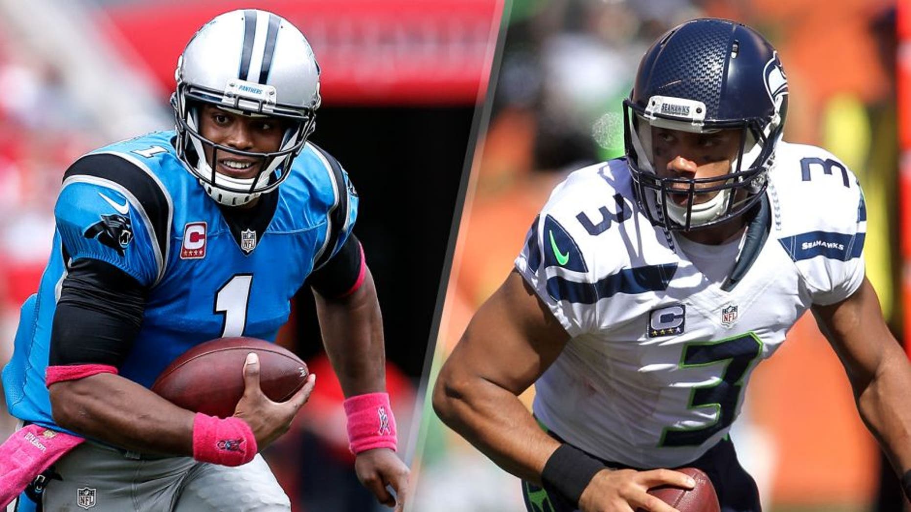 TAMPA, FL - OCTOBER 4: Quarterback Cam Newton #1 of the Carolina Panthers on a running play during the game against the Tampa Bay Buccaneers at Raymond James Stadium on October 4, 2015 in Tampa, Florida. Panthers defeated the Buccaneers 37 to 23. (Photo by Don Juan Moore/Getty Images), CINCINNATI, OH - OCTOBER 11: Russell Wilson #3 of the Seattle Seahawks runs with the ball during the second quarter of the game against the Cincinnati Bengals at Paul Brown Stadium on October 11, 2015 in Cincinnati, Ohio. (Photo by John Grieshop/Getty Images)