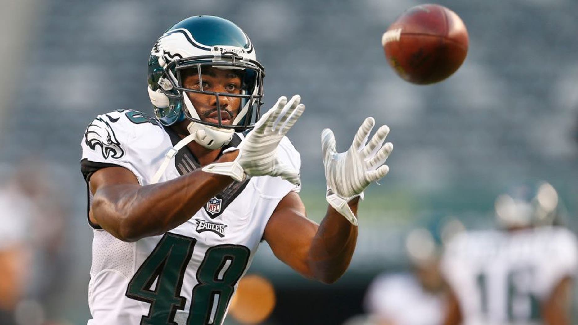 EAST RUTHERFORD, NJ - SEPTEMBER 03: Raheem Mostert #48 of the Philadelphia Eagles makes a catch before a pre-season game against the New York Jets at MetLife Stadium on September 3, 2015 in East Rutherford, New Jersey. (Photo by Rich Schultz /Getty Images)