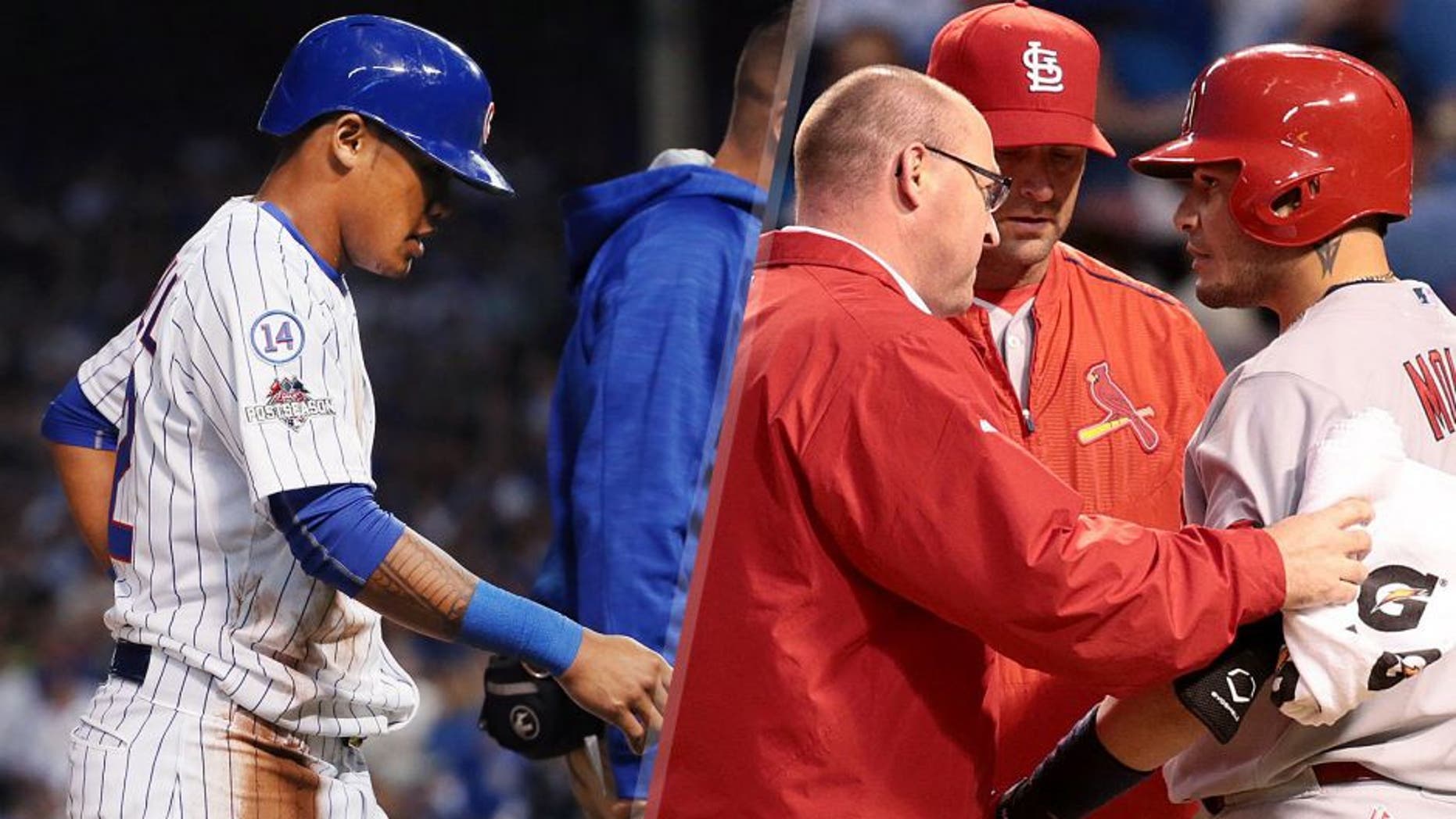 Addison Russell #22 of the Chicago Cubs leaves the field after suffering an apparent injury in the fourth inning against the St. Louis Cardinals during game three of the National League Division Series at Wrigley Field on October 12, 2015 in Chicago, Illinois. (Photo by Jonathan Daniel/Getty Images) Mike Matheny and a Cardinals trainer check on Yadier Molina during the fourth inning on Monday, Oct. 12, 2015, at Wrigley Field in Chicago. (Robert Cohen/St. Louis Post-Dispatch/TNS via Getty Images)