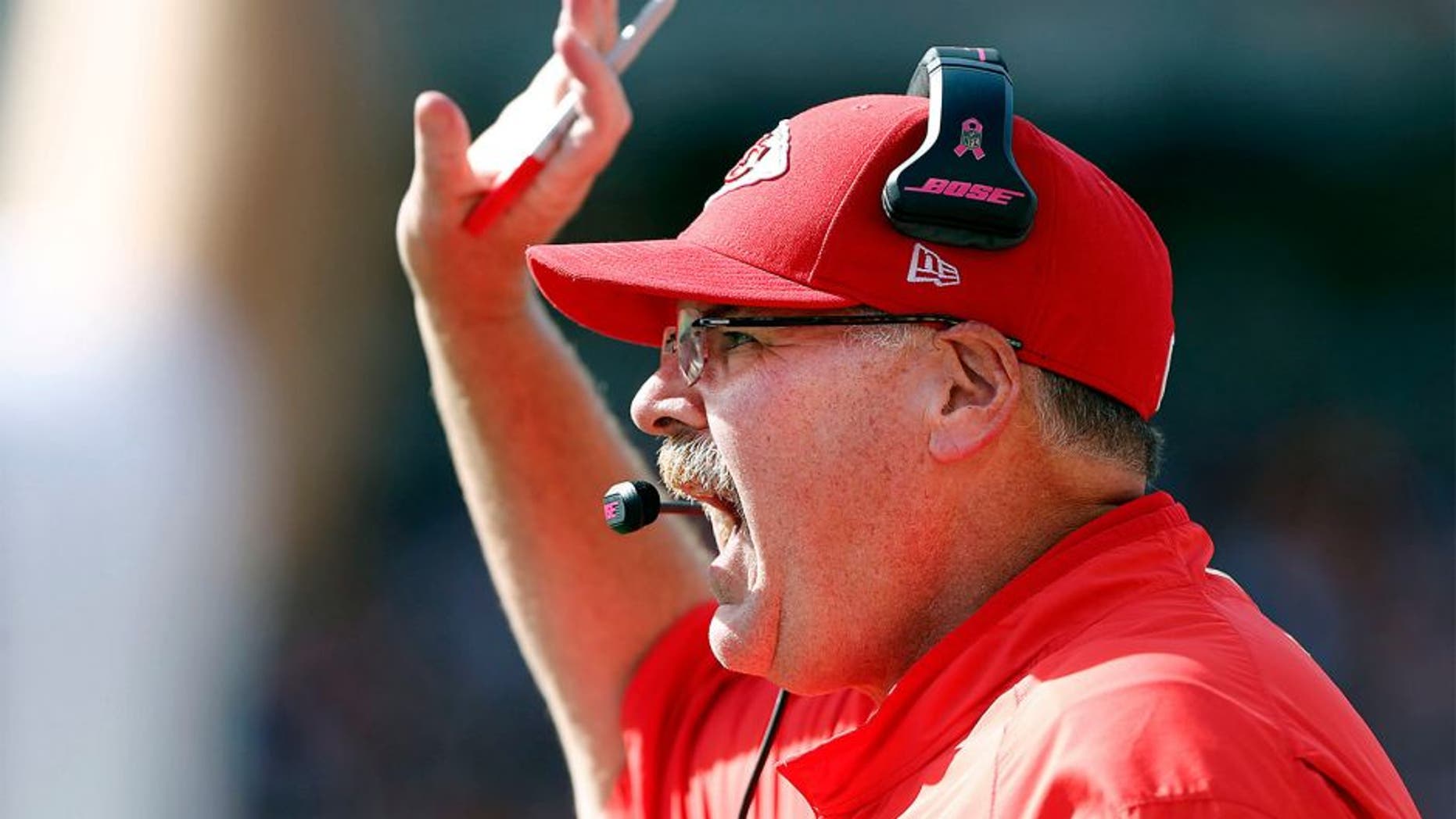 Oct 4, 2015; Cincinnati, OH, USA; Kansas City Chiefs head coach Andy Reid reacts from the sidelines in the second half against the Cincinnati Bengals at Paul Brown Stadium. The Bengals won 36-21. Mandatory Credit: Aaron Doster-USA TODAY Sports