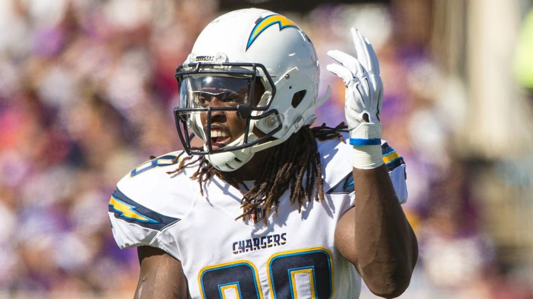 Sep 27, 2015; Minneapolis, MN, USA; San Diego Chargers running back Melvin Gordon (28) against the Minnesota Vikings at TCF Bank Stadium. The Vikings defeated the Chargers 31-14. Mandatory Credit: Brace Hemmelgarn-USA TODAY Sports