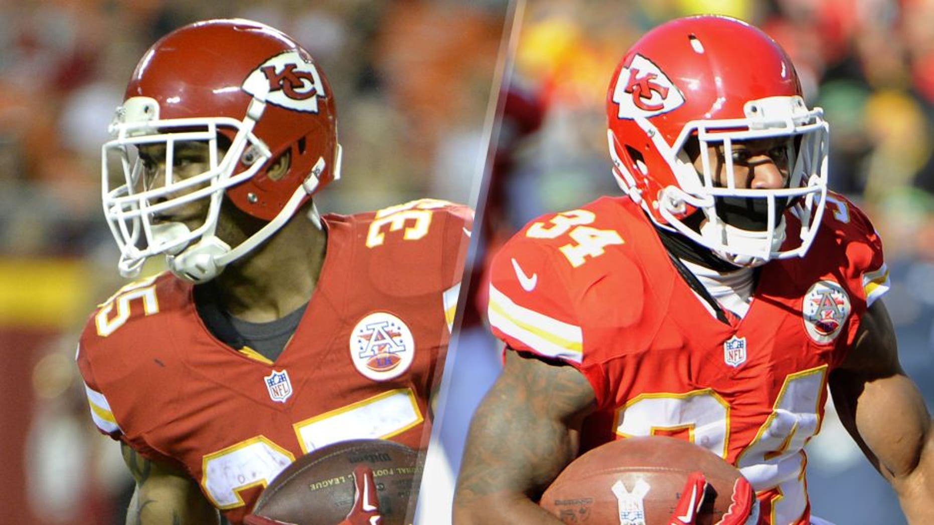 Aug 21, 2015; Kansas City, MO, USA; Kansas City Chiefs running back Charcandrick West (35) carries the ball against the Seattle Seahawks in the second half at Arrowhead Stadium. Kansas City won 14-13. Mandatory Credit: John Rieger-USA TODAY Sports Nov 16, 2014; Kansas City, MO, USA; Kansas City Chiefs running back Knile Davis (34) carries the ball against the Seattle Seahawks in the second half at Arrowhead Stadium. Kansas City won the game 24-20. Mandatory Credit: John Rieger-USA TODAY Sports